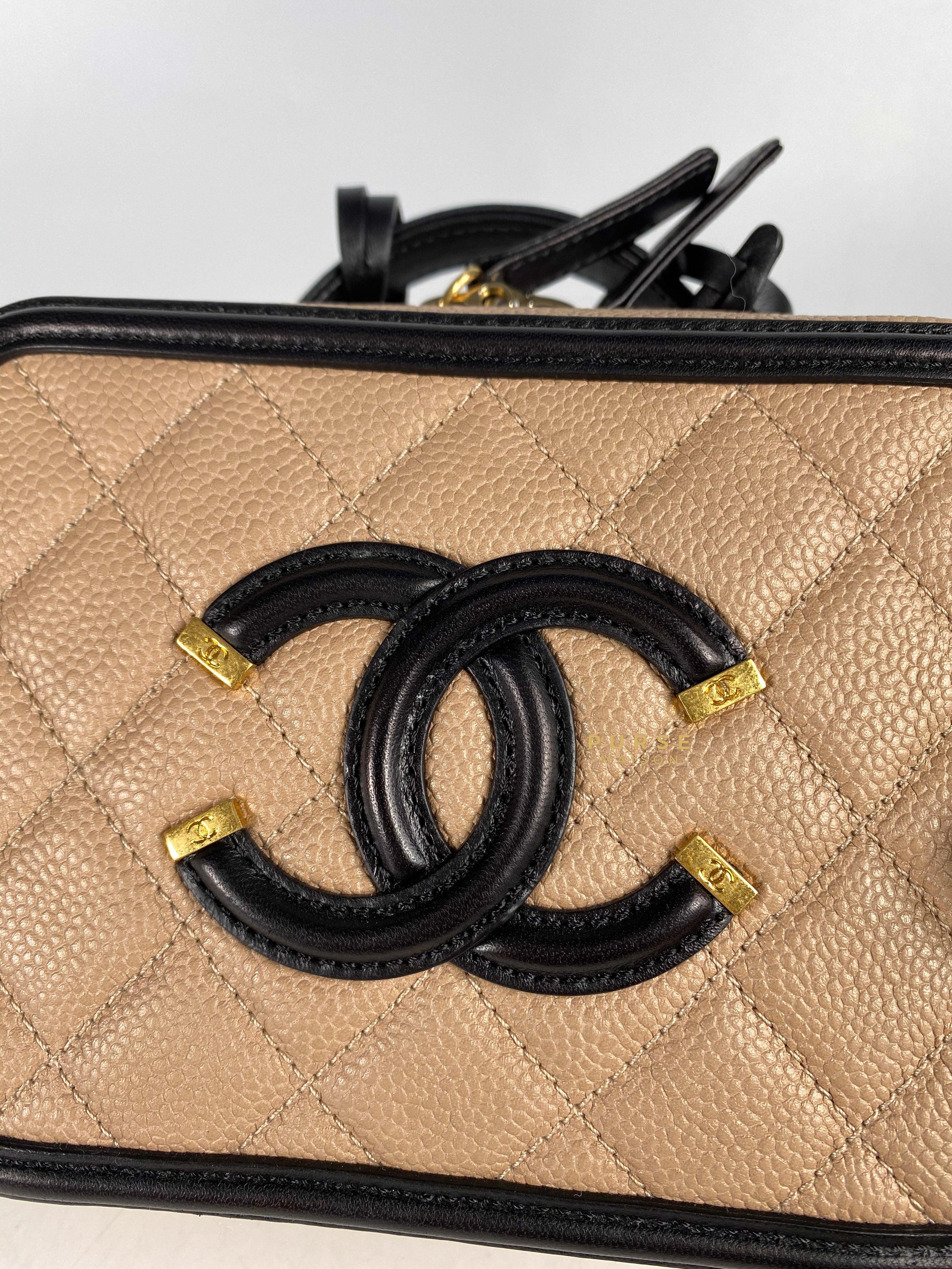 Chanel CC Filigree Vanity Bag Small Beige Caviar and Aged Gold Hardware Series 24 | Purse Maison Luxury Bags Shop