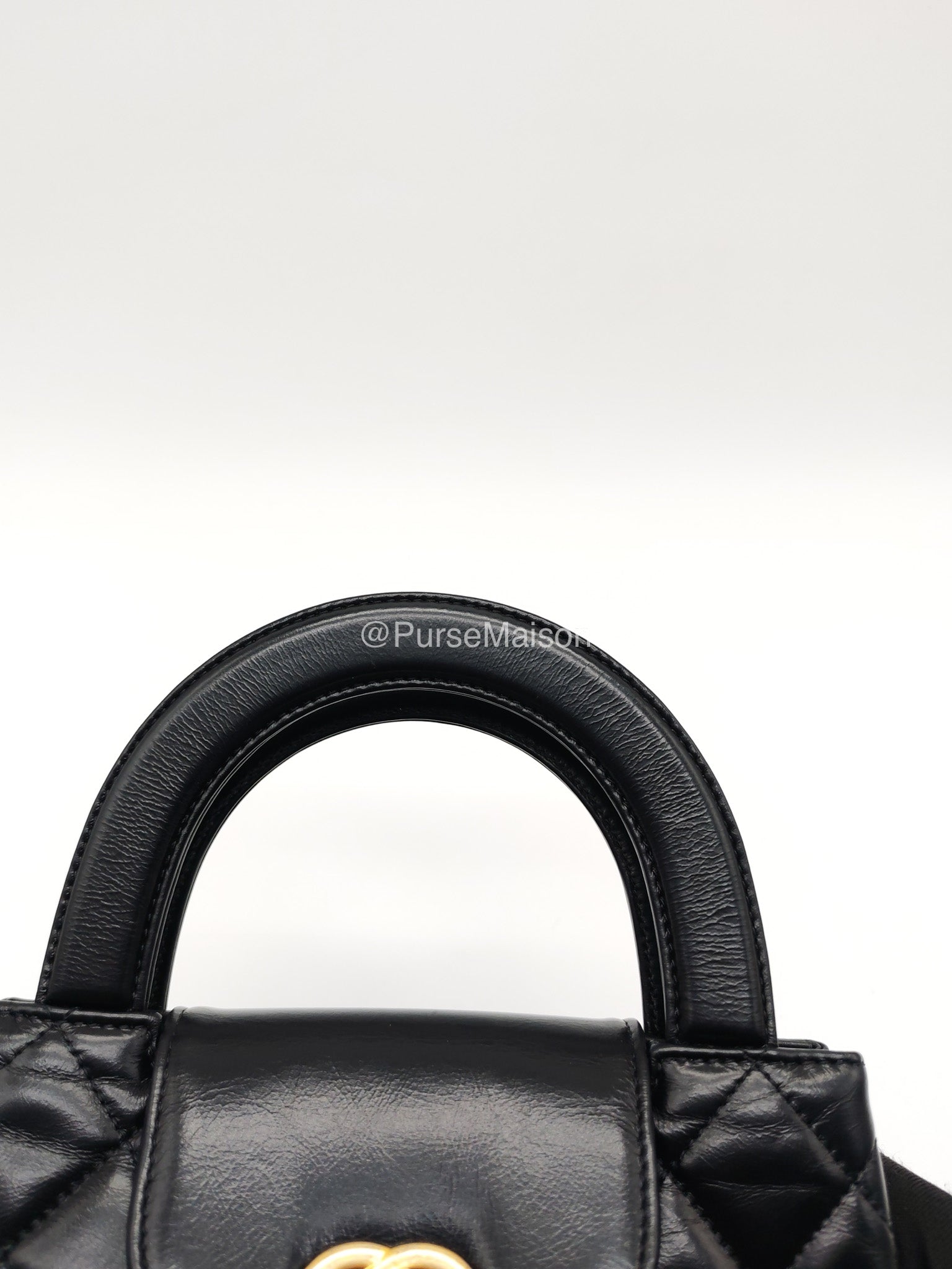 Chanel CC Kelly Shopping Bag Small in Black Shiny Calfskin Leather Aged Gold Hardware (Microchip) | Purse Maison Luxury Bags Shop
