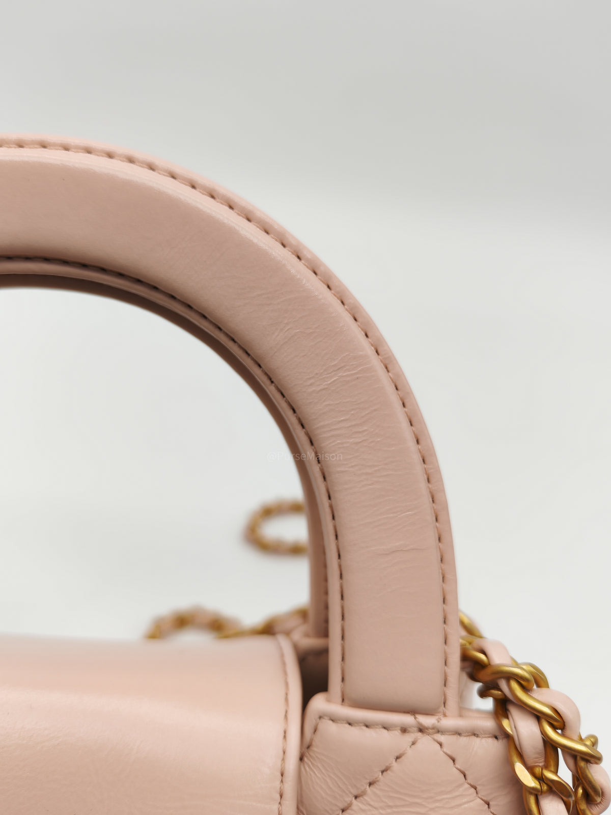 Chanel CC Kelly Small in Baby Pink Shiny Aged Calfskin Leather and Aged Gold Hardware Microchip | Purse Maison Luxury Bags Shop