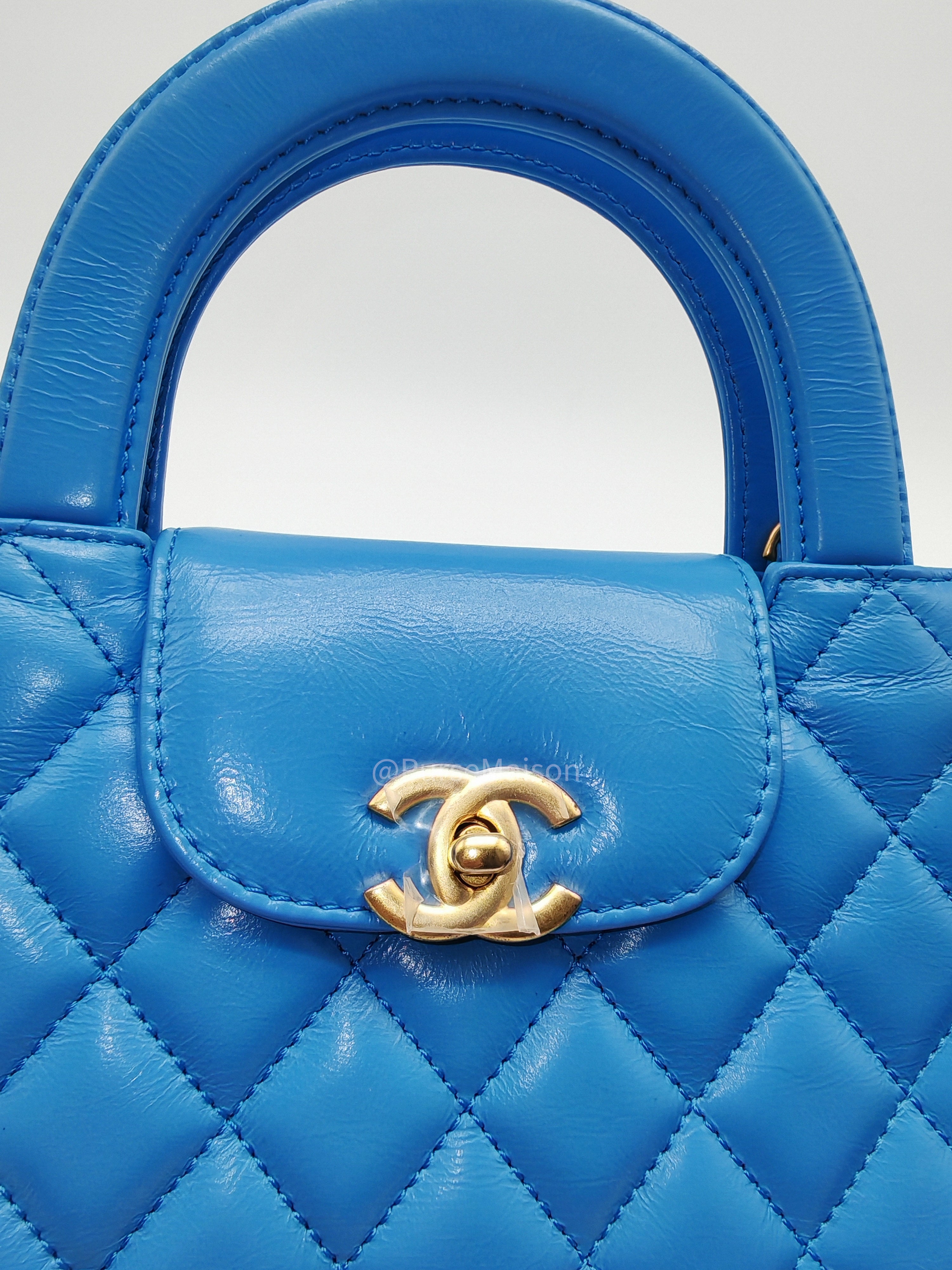 Chanel CC Kelly Small in Light Blue Calfskin Leather and Aged Gold Hardware (Microchip) | Purse Maison Luxury Bags Shop