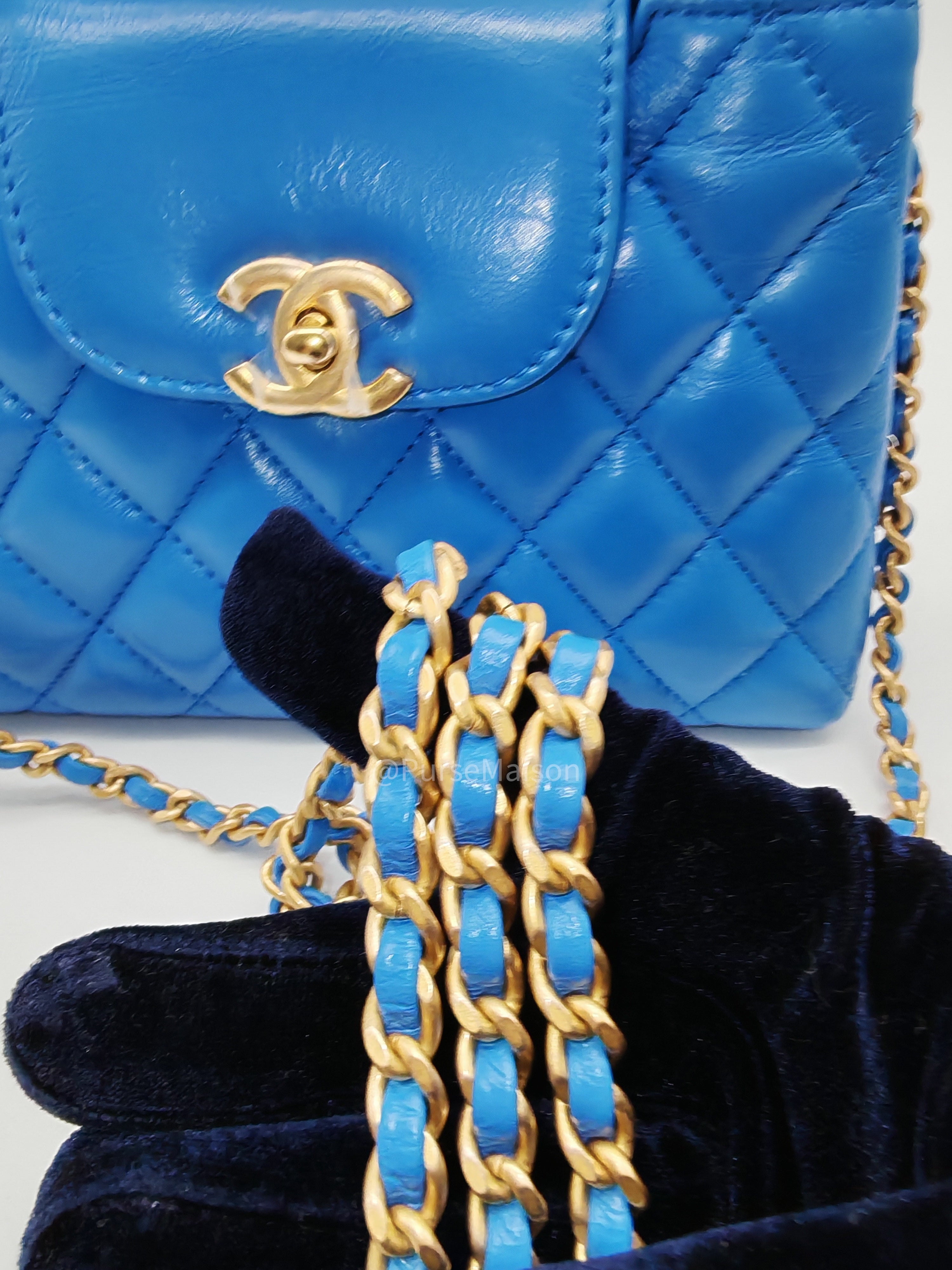 Chanel CC Kelly Small in Light Blue Calfskin Leather and Aged Gold Hardware (Microchip) | Purse Maison Luxury Bags Shop