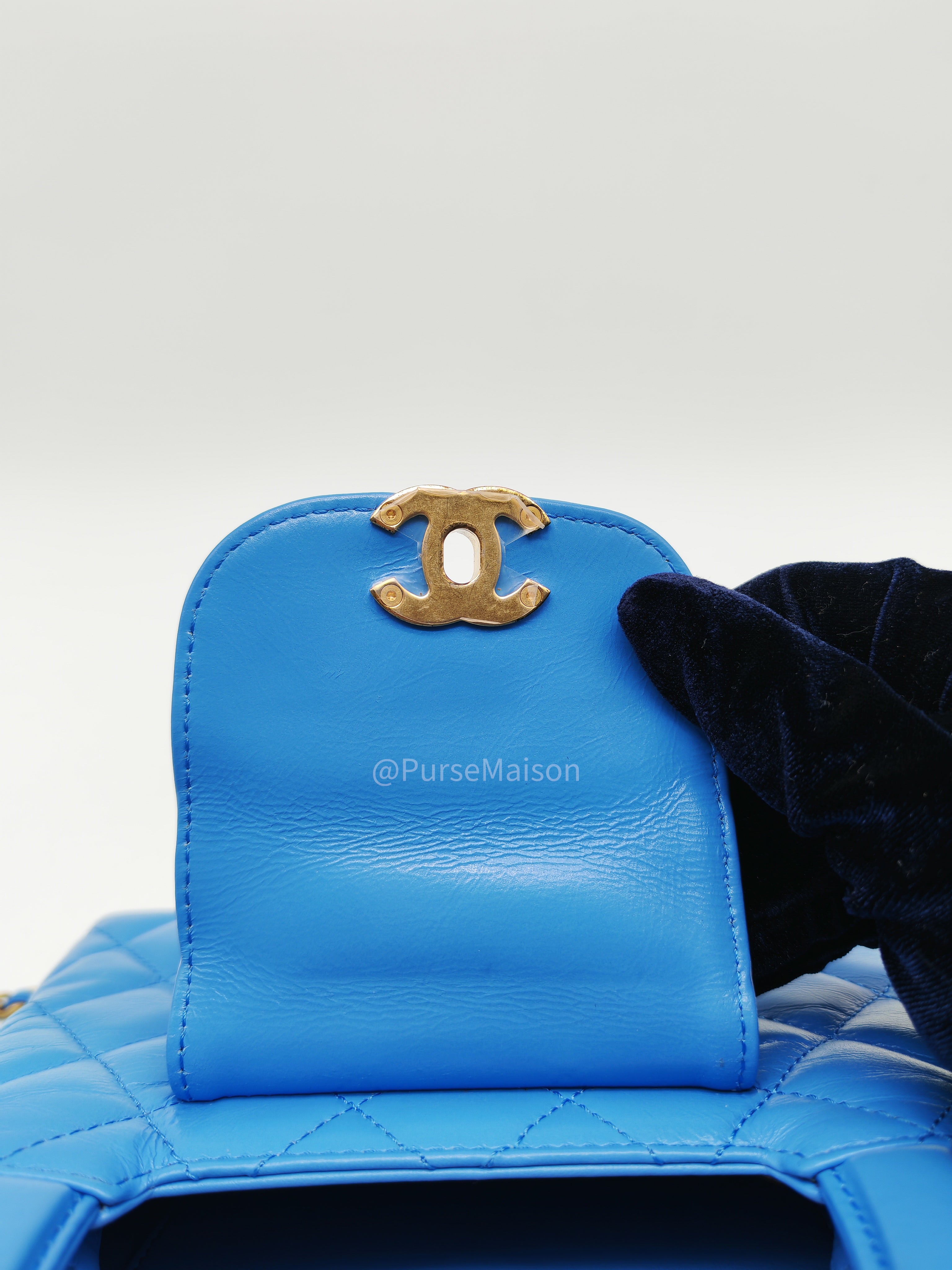Chanel CC Kelly Small in Light Blue Calfskin Leather and Aged Gold Hardware (Microchip) | Purse Maison Luxury Bags Shop