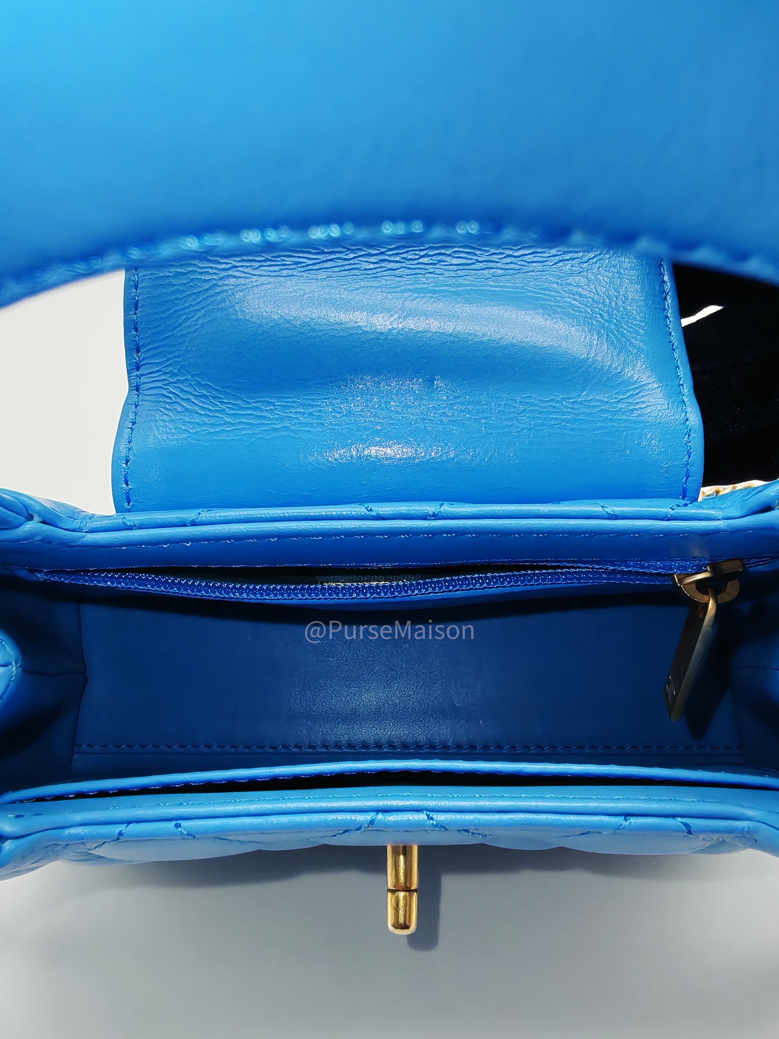 Chanel CC Kelly Small in Light Blue Calfskin Leather and Aged Gold Hardware (Microchip) | Purse Maison Luxury Bags Shop