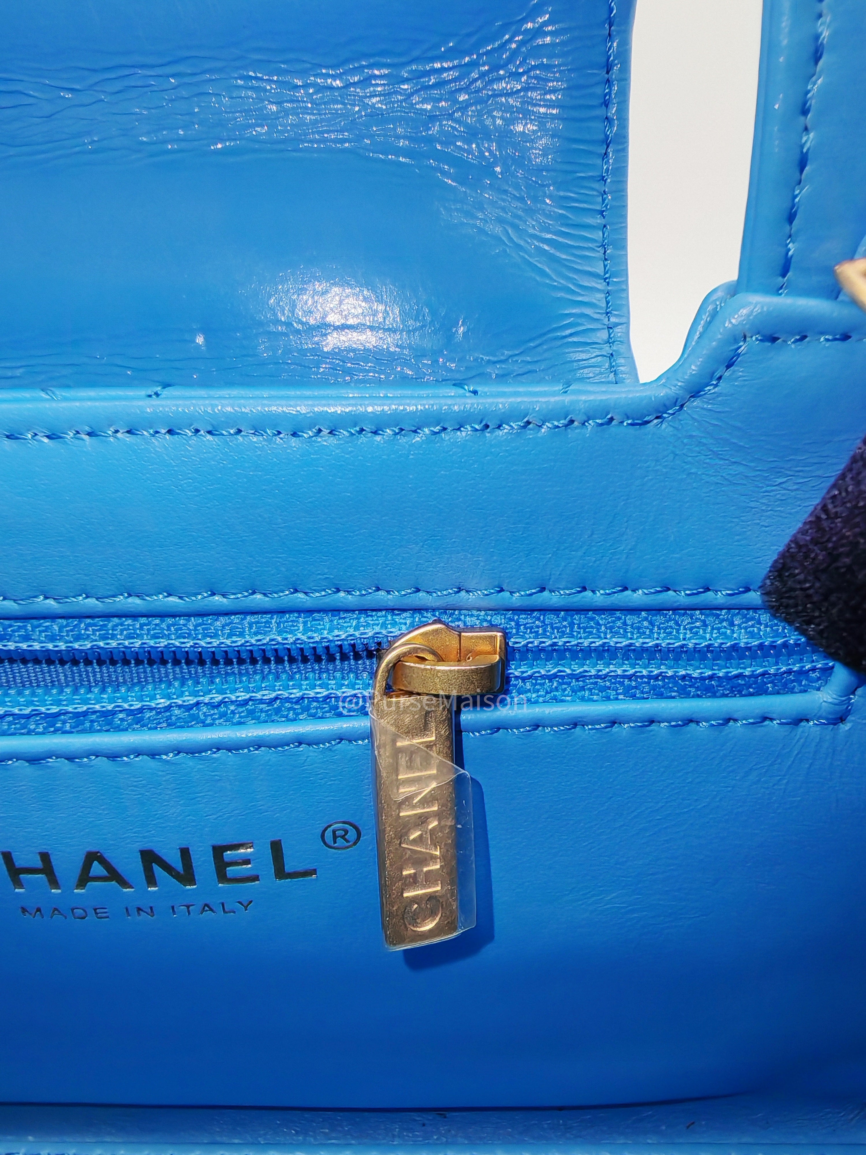 Chanel CC Kelly Small in Light Blue Calfskin Leather and Aged Gold Hardware (Microchip) | Purse Maison Luxury Bags Shop