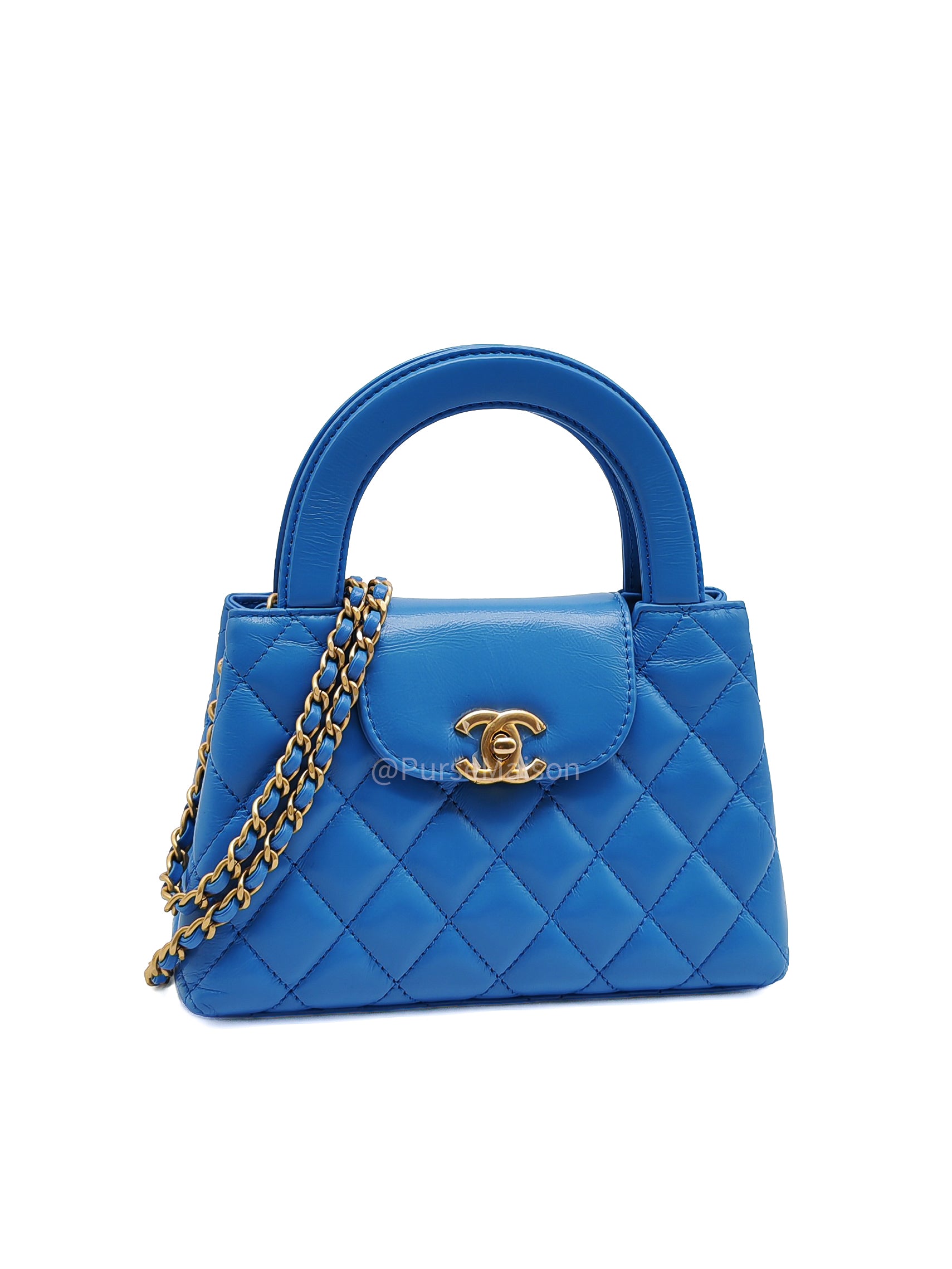 Chanel CC Kelly Small in Light Blue Calfskin Leather and Aged Gold Hardware (Microchip) | Purse Maison Luxury Bags Shop