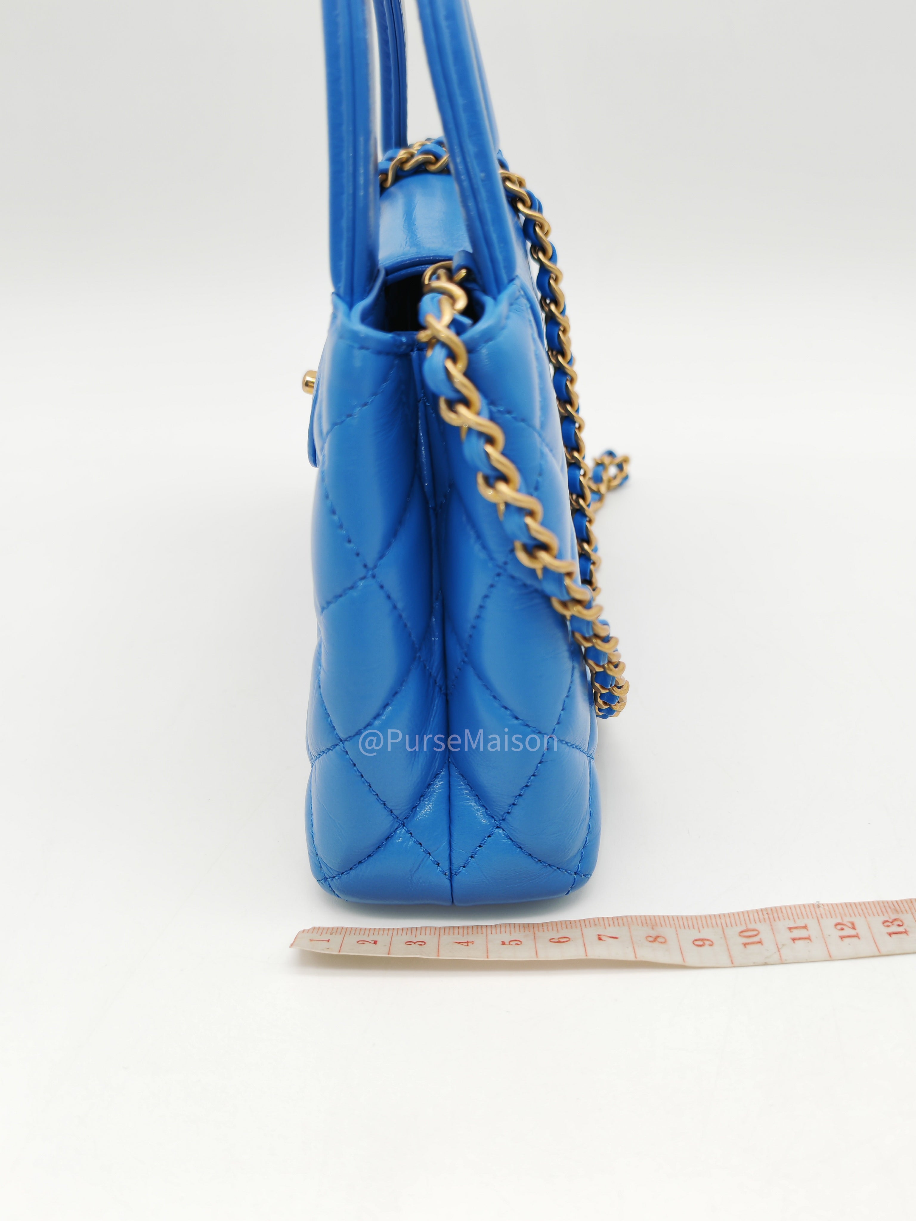 Chanel CC Kelly Small in Light Blue Calfskin Leather and Aged Gold Hardware (Microchip) | Purse Maison Luxury Bags Shop