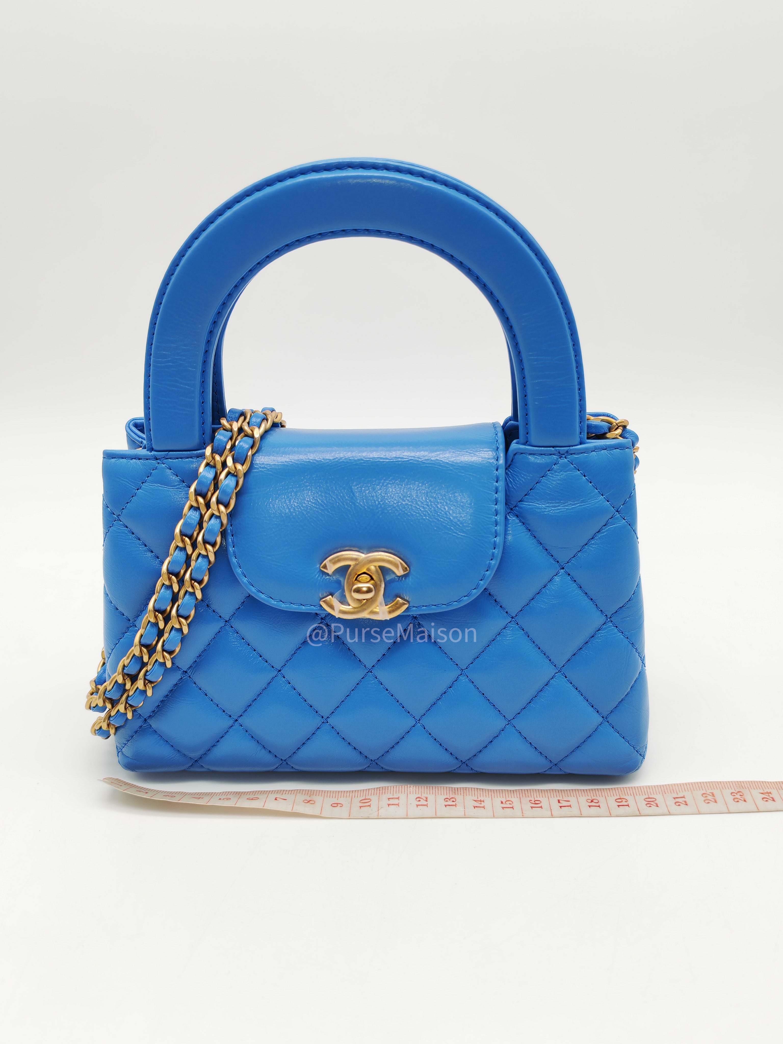 Chanel CC Kelly Small in Light Blue Calfskin Leather and Aged Gold Hardware (Microchip) | Purse Maison Luxury Bags Shop