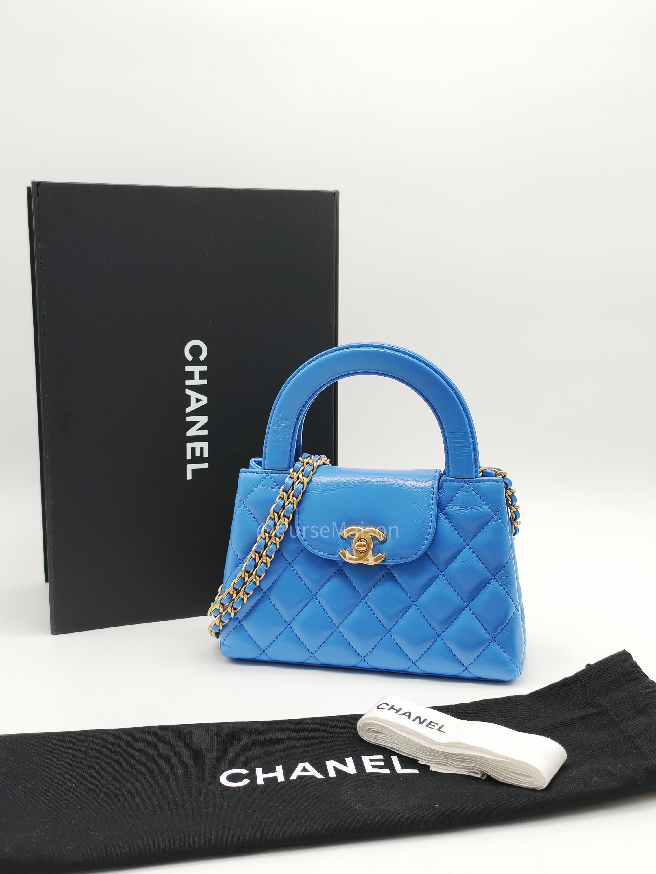 Chanel CC Kelly Small in Light Blue Calfskin Leather and Aged Gold Hardware (Microchip) | Purse Maison Luxury Bags Shop