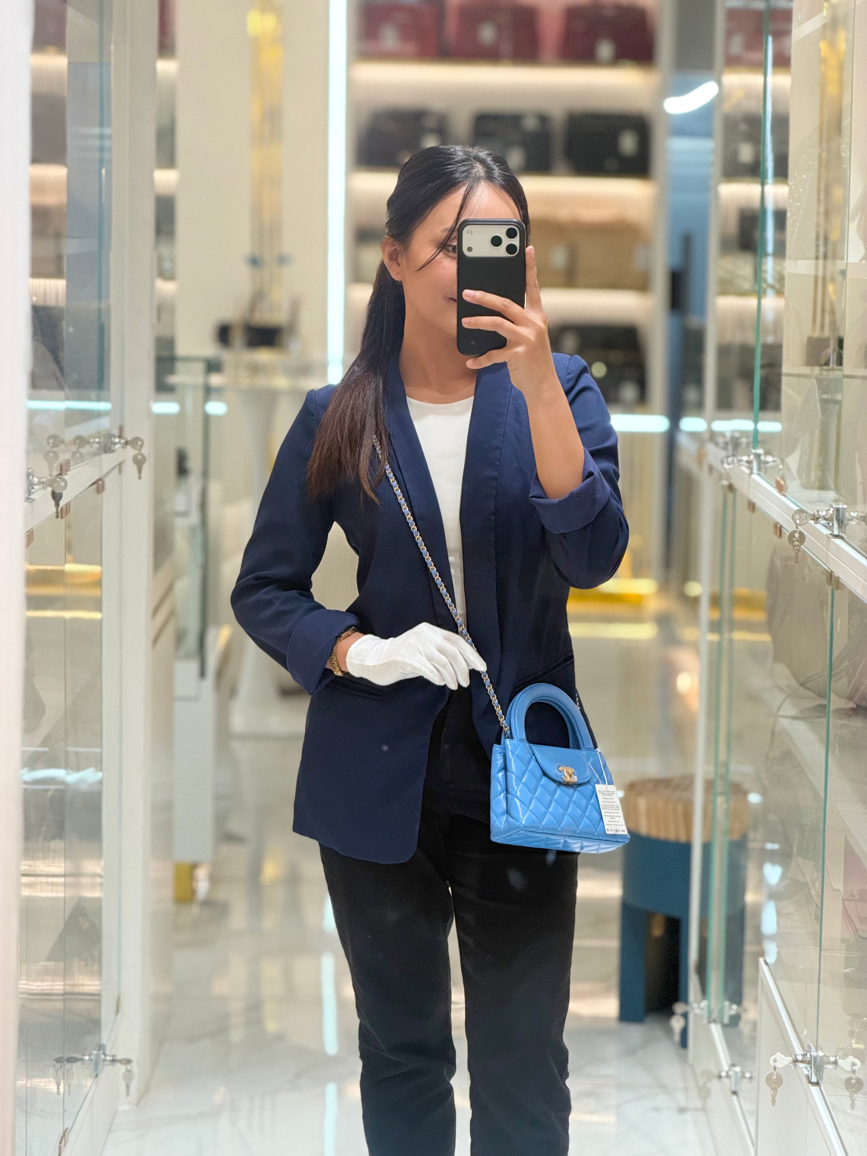 Chanel CC Kelly Small in Light Blue Calfskin Leather and Aged Gold Hardware (Microchip) | Purse Maison Luxury Bags Shop