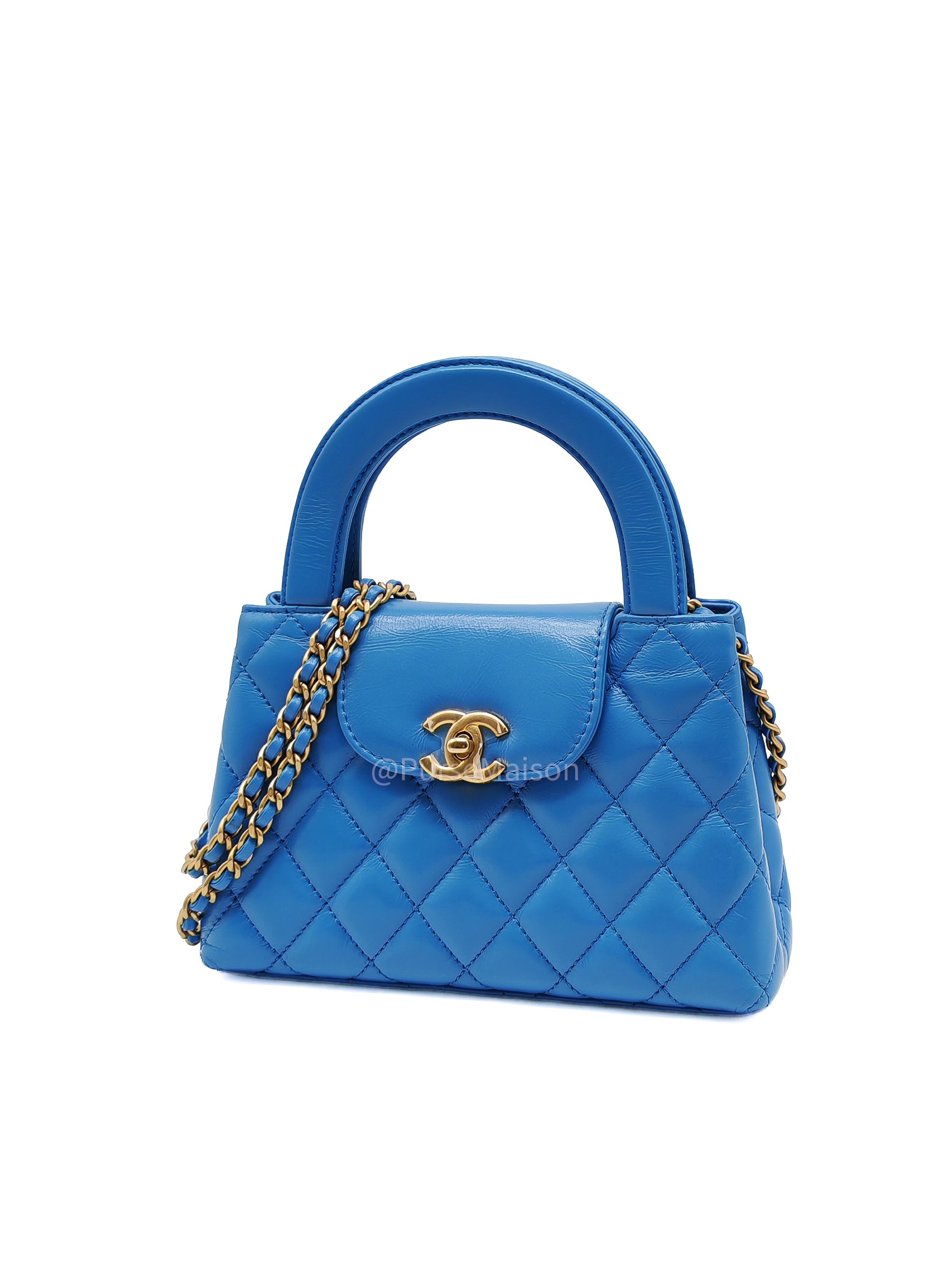 Chanel CC Kelly Small in Light Blue Calfskin Leather and Aged Gold Hardware (Microchip) | Purse Maison Luxury Bags Shop