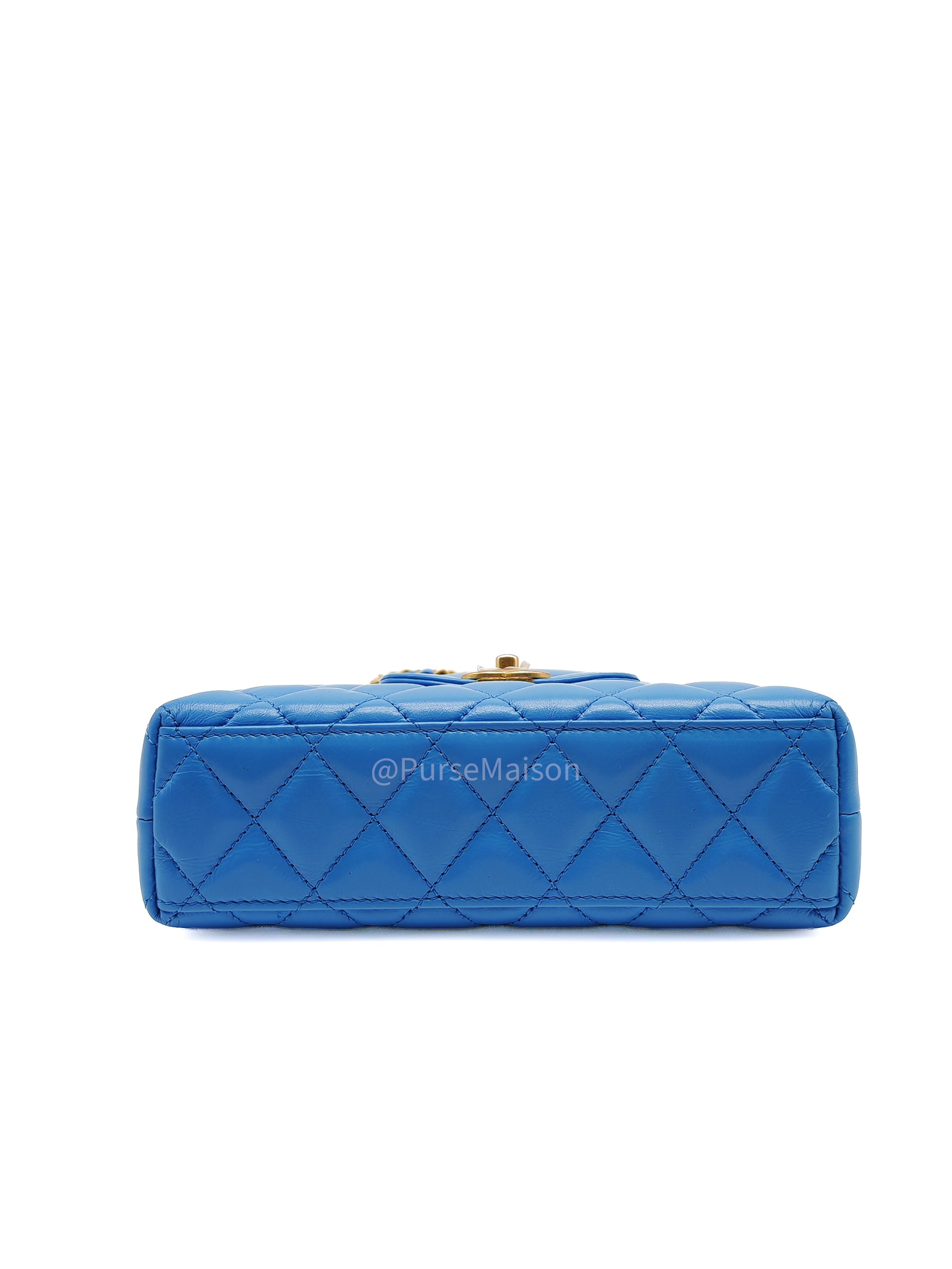 Chanel CC Kelly Small in Light Blue Calfskin Leather and Aged Gold Hardware (Microchip) | Purse Maison Luxury Bags Shop