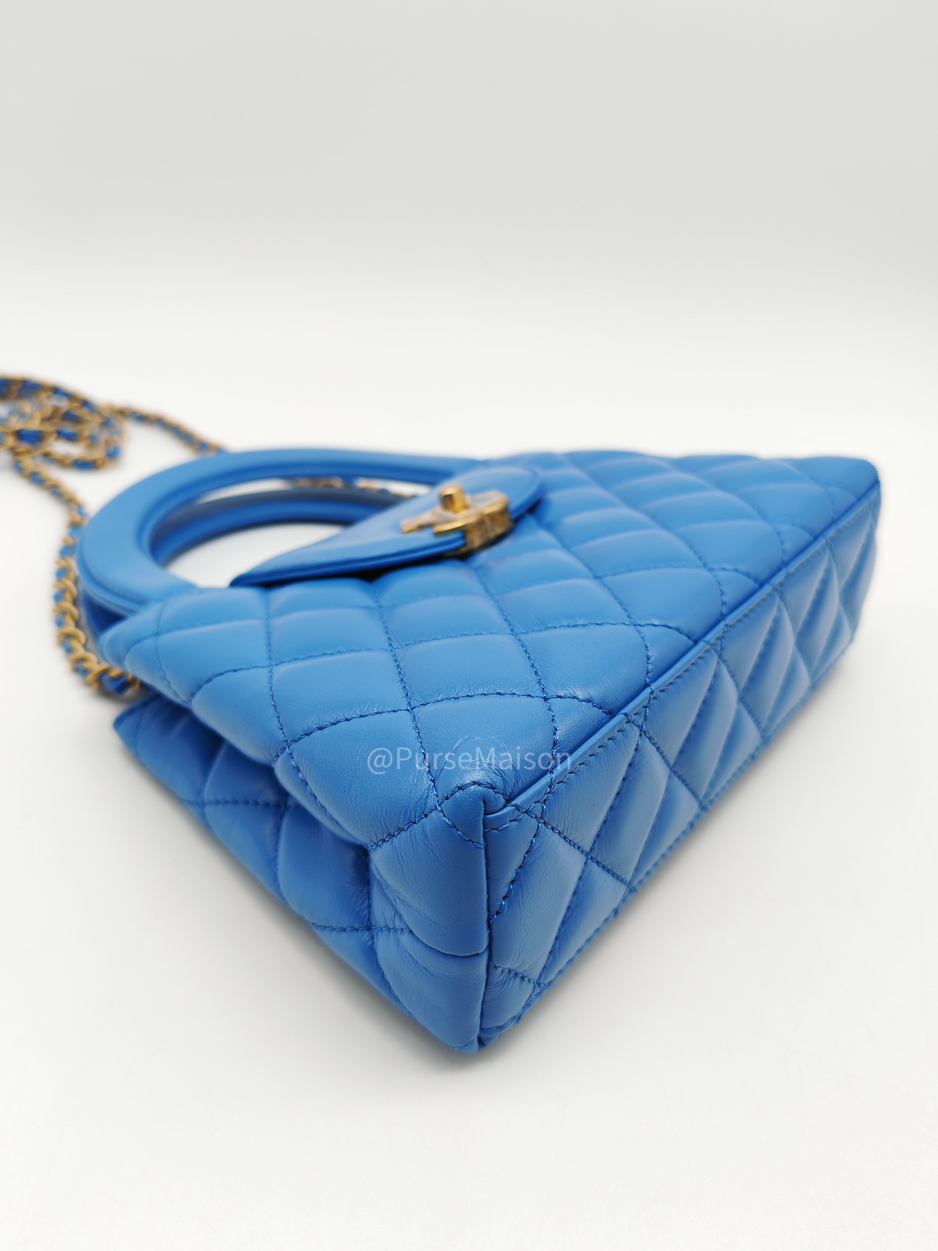 Chanel CC Kelly Small in Light Blue Calfskin Leather and Aged Gold Hardware (Microchip) | Purse Maison Luxury Bags Shop