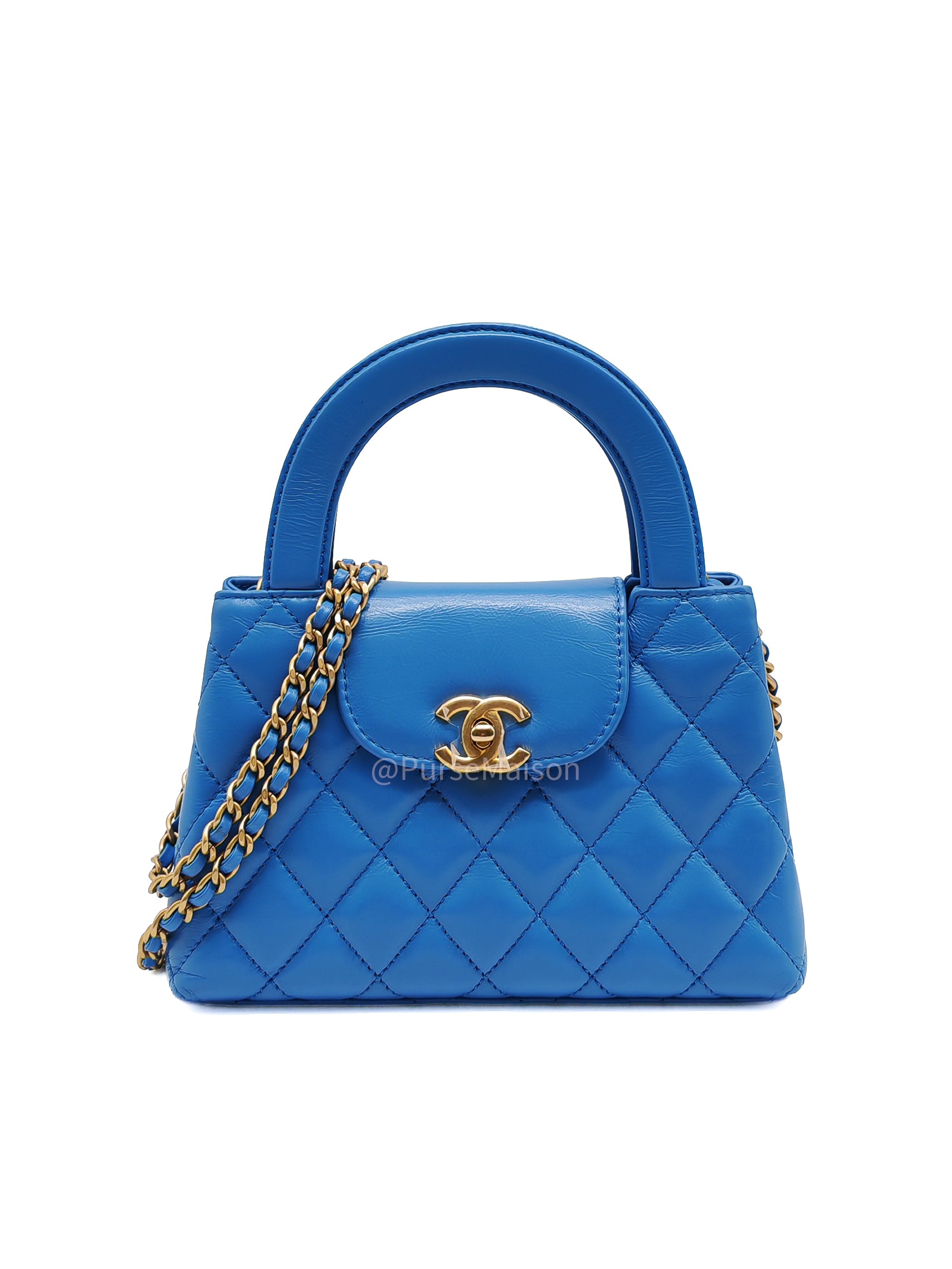 Chanel CC Kelly Small in Light Blue Calfskin Leather and Aged Gold Hardware (Microchip) | Purse Maison Luxury Bags Shop