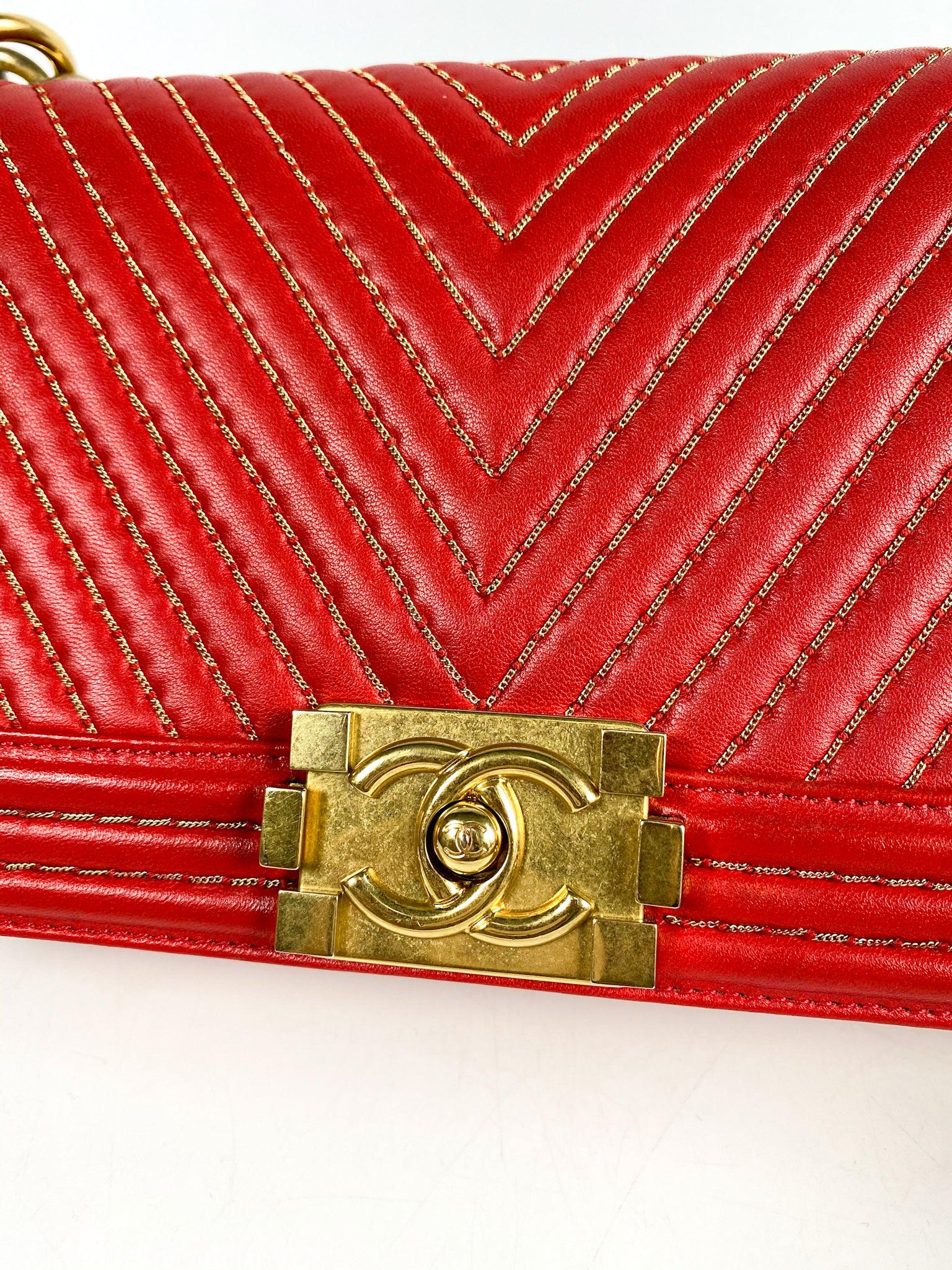 Chanel Boy Red Studded Chevron Old Medium Limited Edition Calfskin Series 23