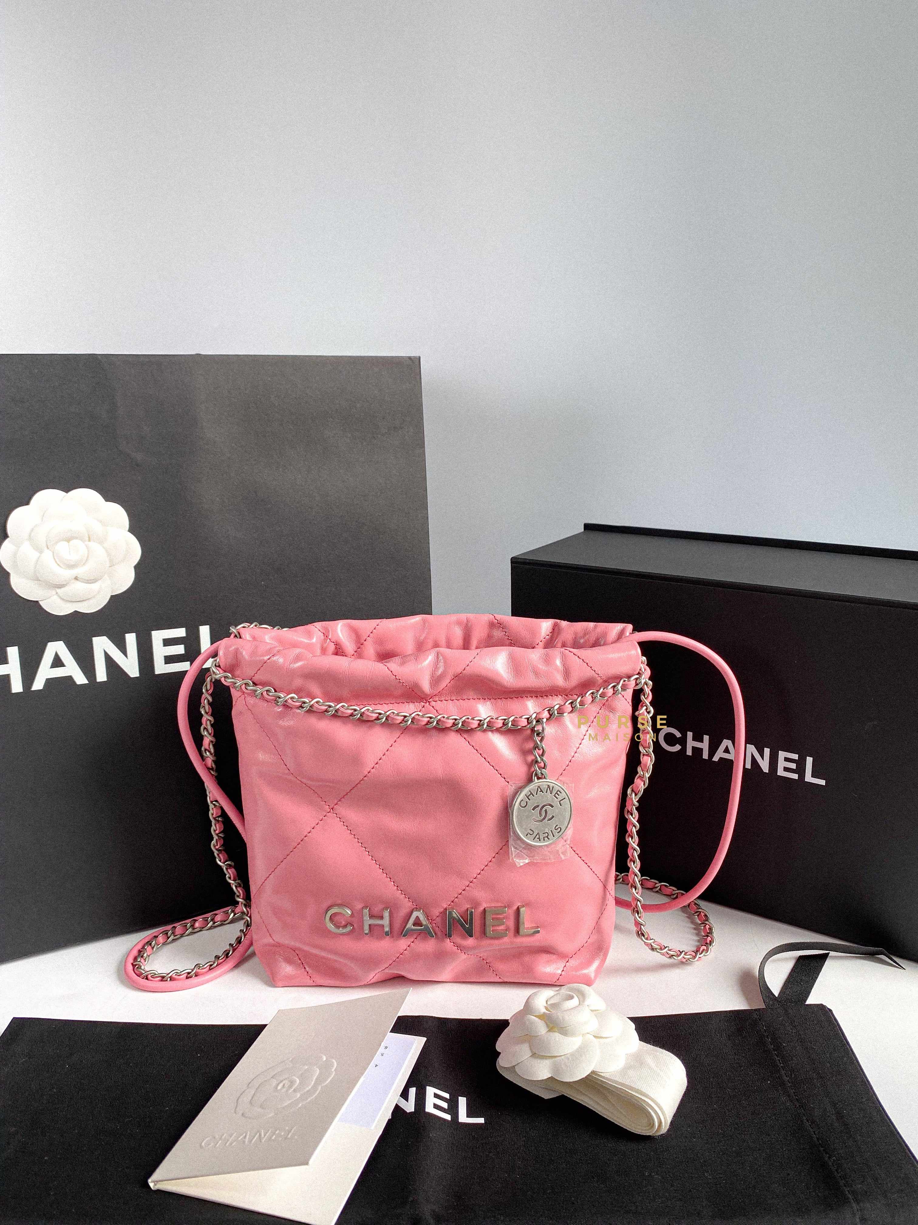 Chanel Mini 22 Pink Shiny Calfskin in Silver Hardware (Microchip)