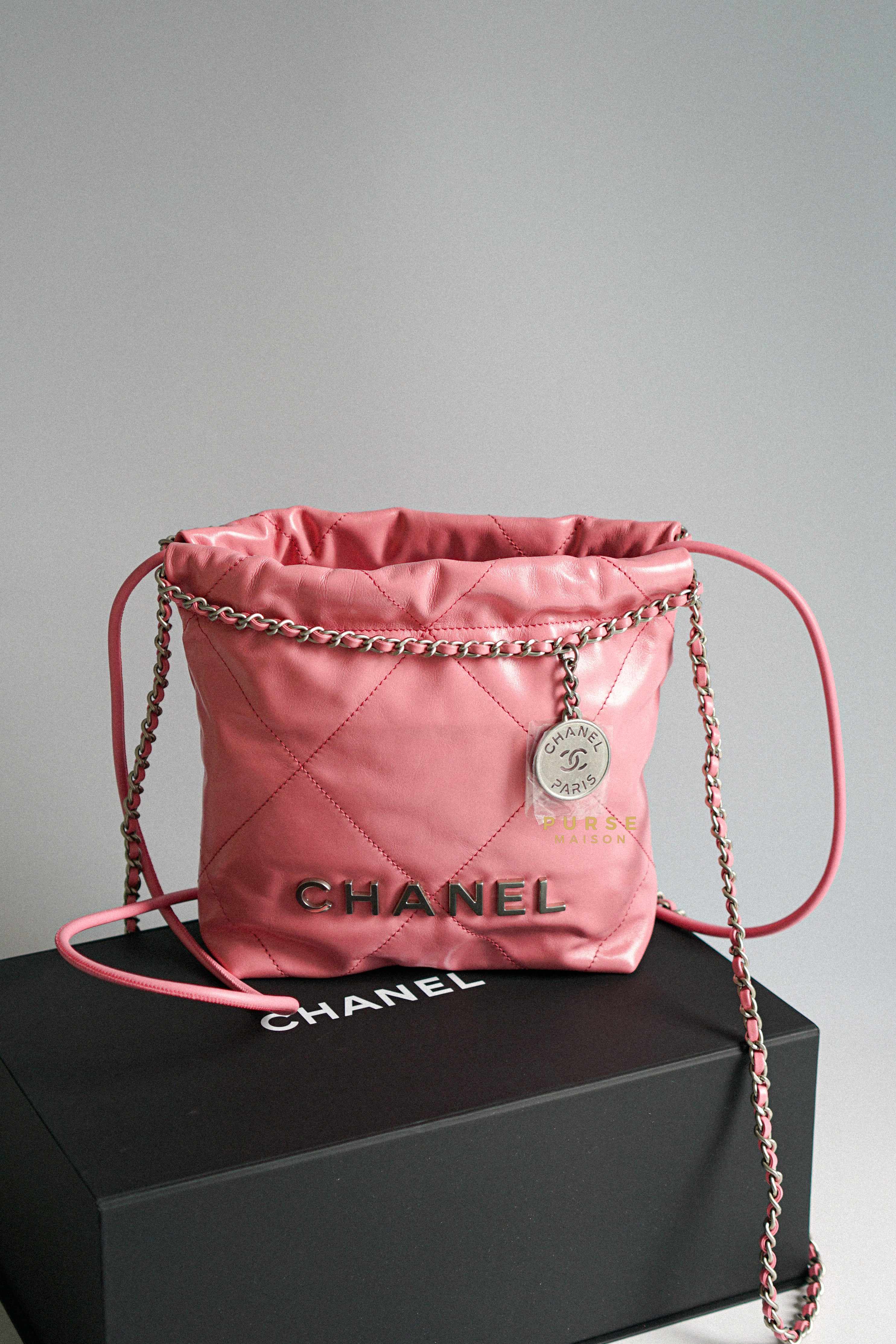 Chanel Mini 22 Pink Shiny Calfskin in Silver Hardware (Microchip)
