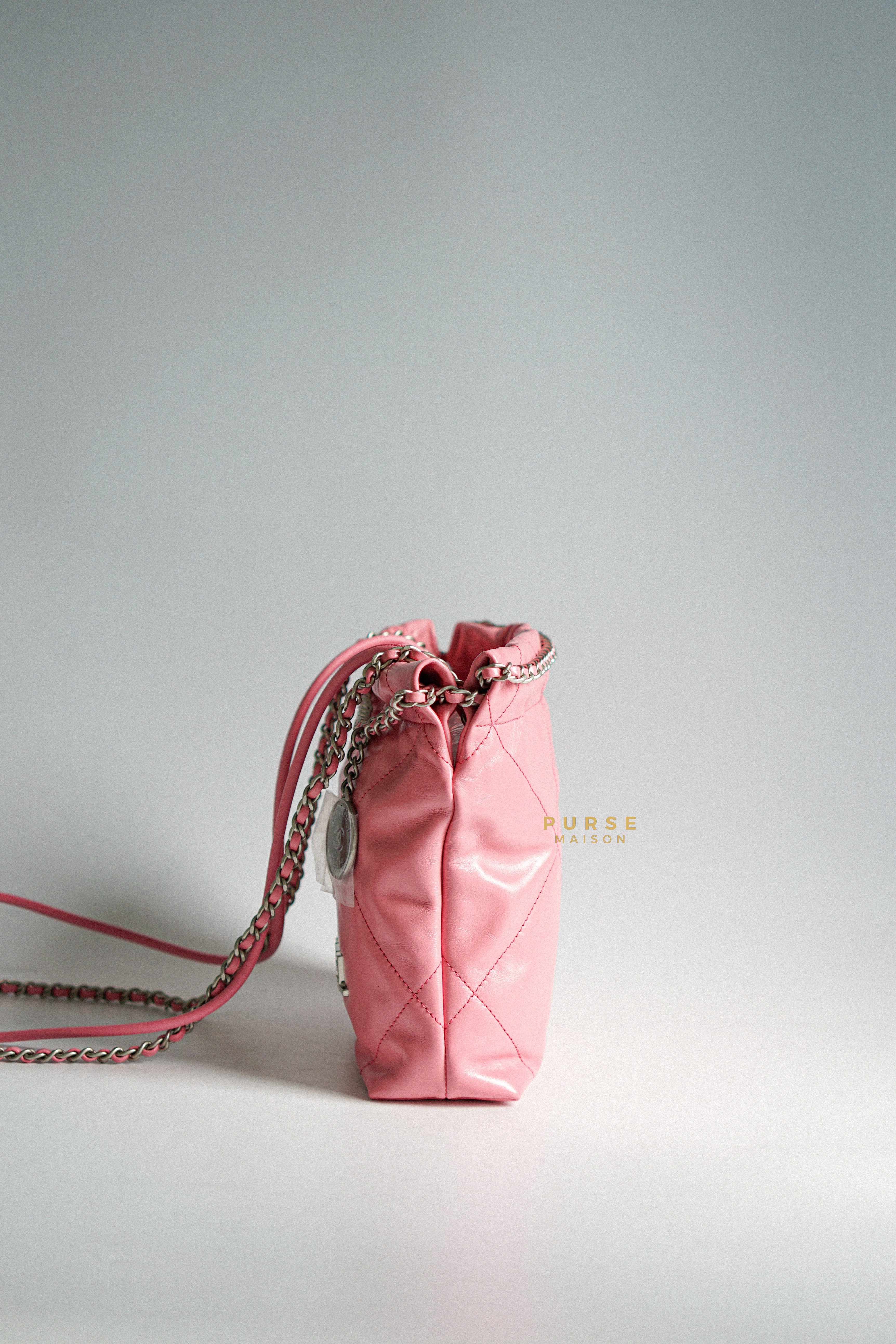 Chanel Mini 22 Pink Shiny Calfskin in Silver Hardware (Microchip)