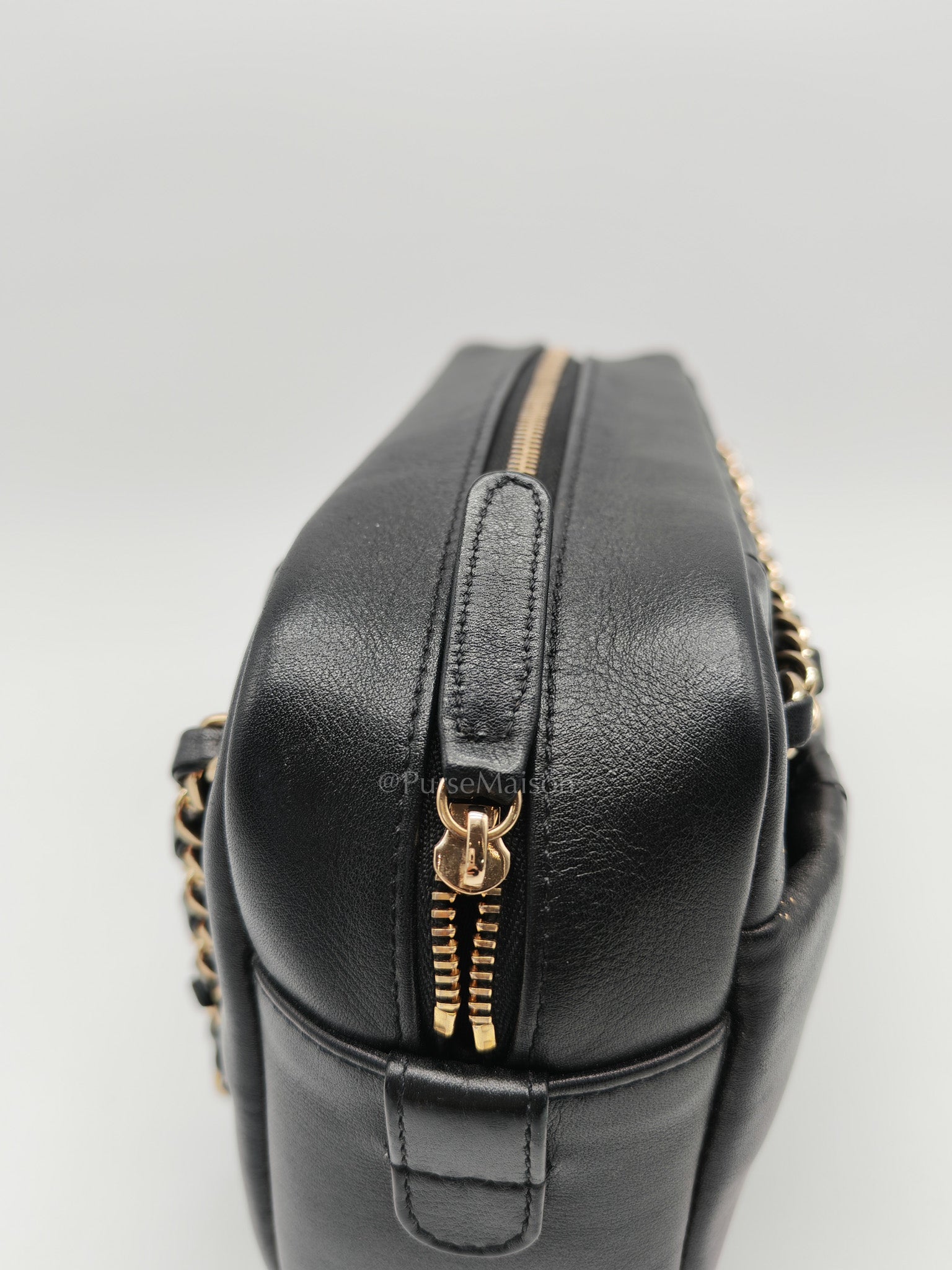 Chanel Chevron Daily Camera Case Bag in Black Calfskin Leather and Light Gold Hardware Series 27 | Purse Maison Luxury Bags Shop