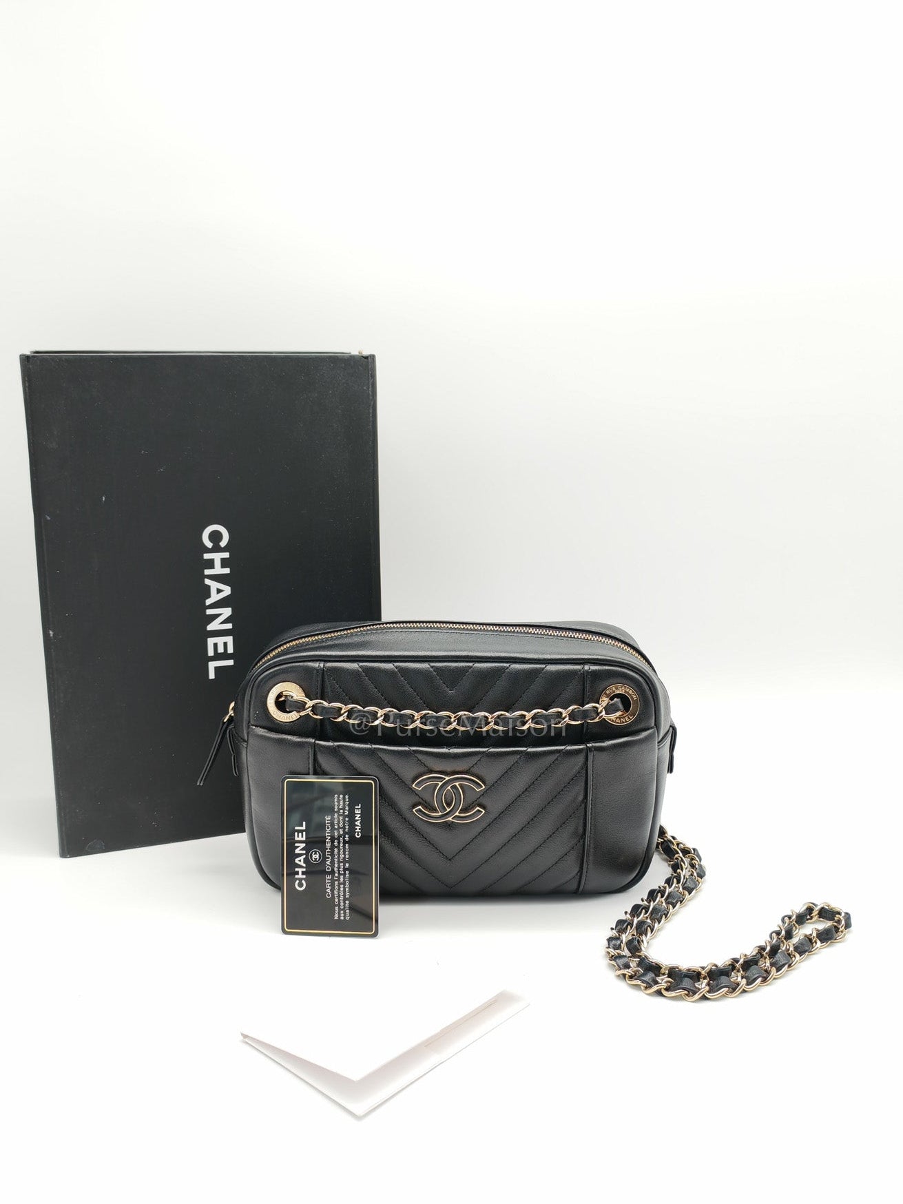 Chanel Chevron Daily Camera Case Bag in Black Calfskin Leather and Light Gold Hardware Series 27 | Purse Maison Luxury Bags Shop