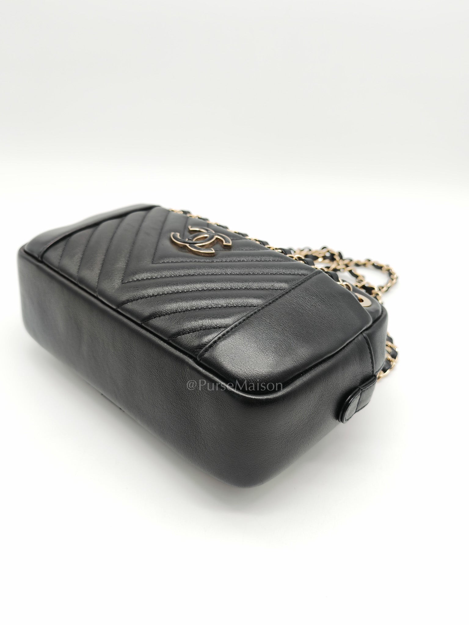 Chanel Chevron Daily Camera Case Bag in Black Calfskin Leather and Light Gold Hardware Series 27 | Purse Maison Luxury Bags Shop