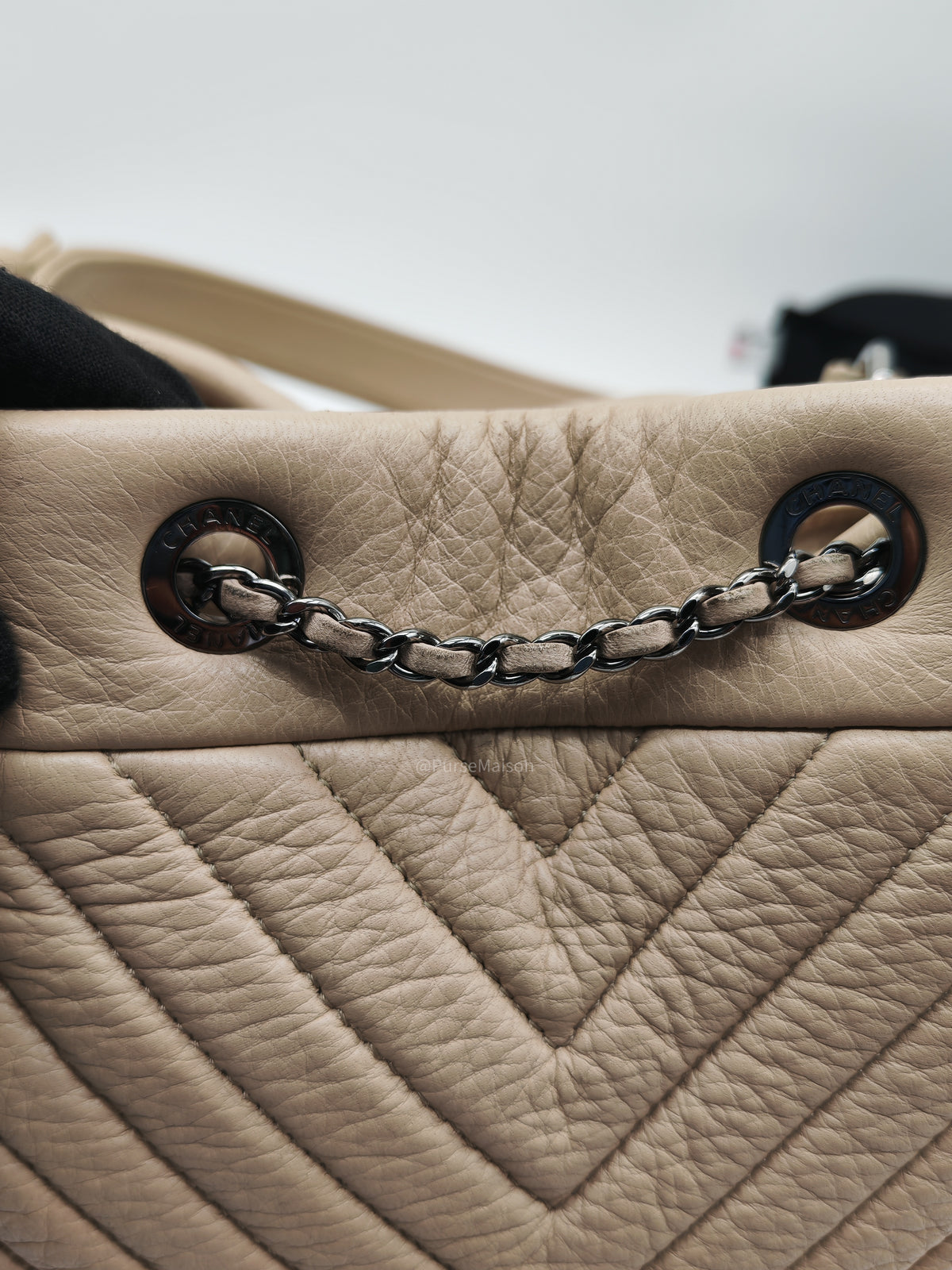 Chanel Chevron Drawstring Bucket Bag in Beige Calfskin Leather and Silver Hardware Series 23 | Purse Maison Luxury Bags Shop