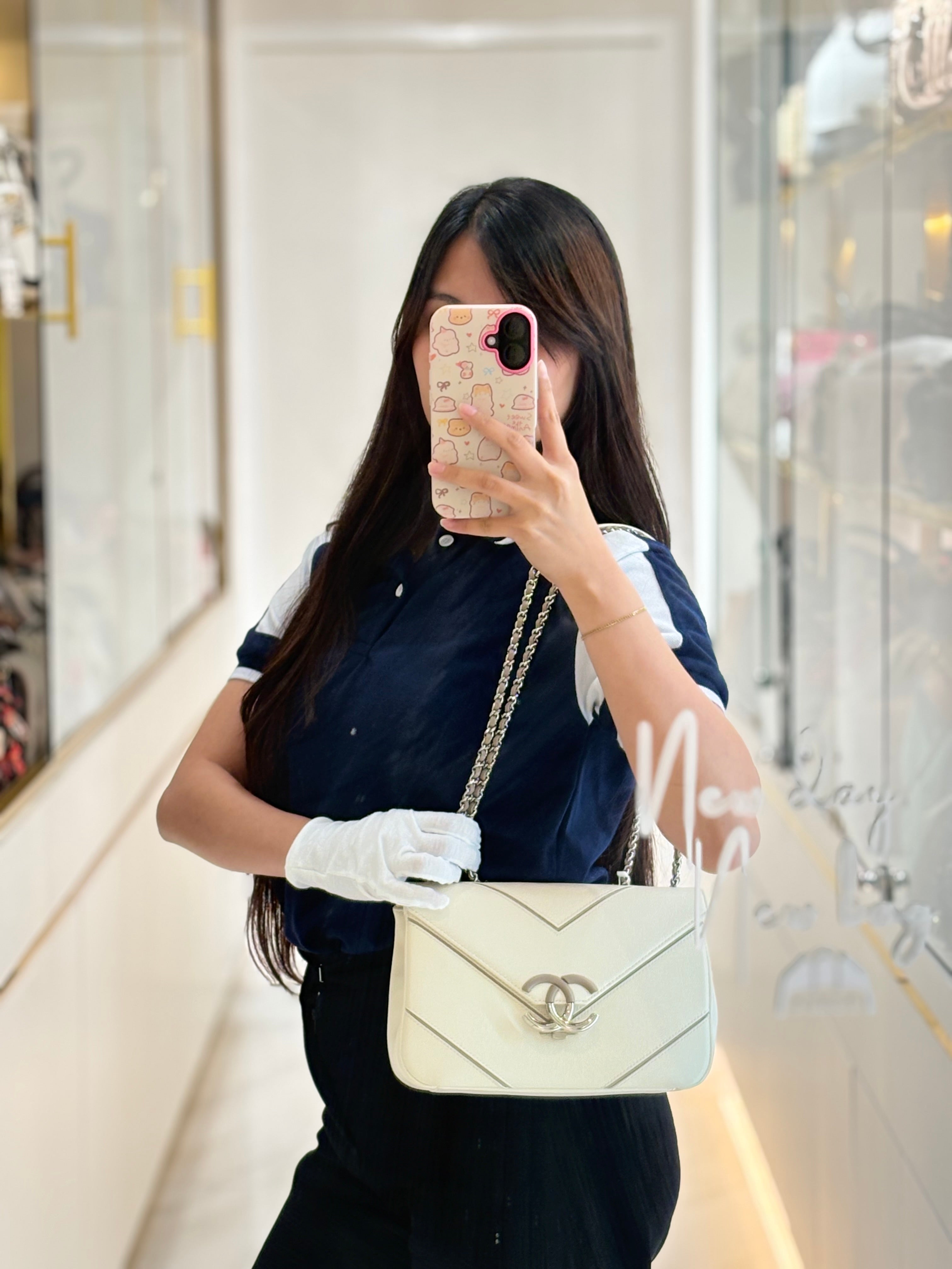 Chanel Chevron Flap Bag in White Caviar Leather & Palladium Hardware Series 23 | Purse Maison Luxury Bags Shop
