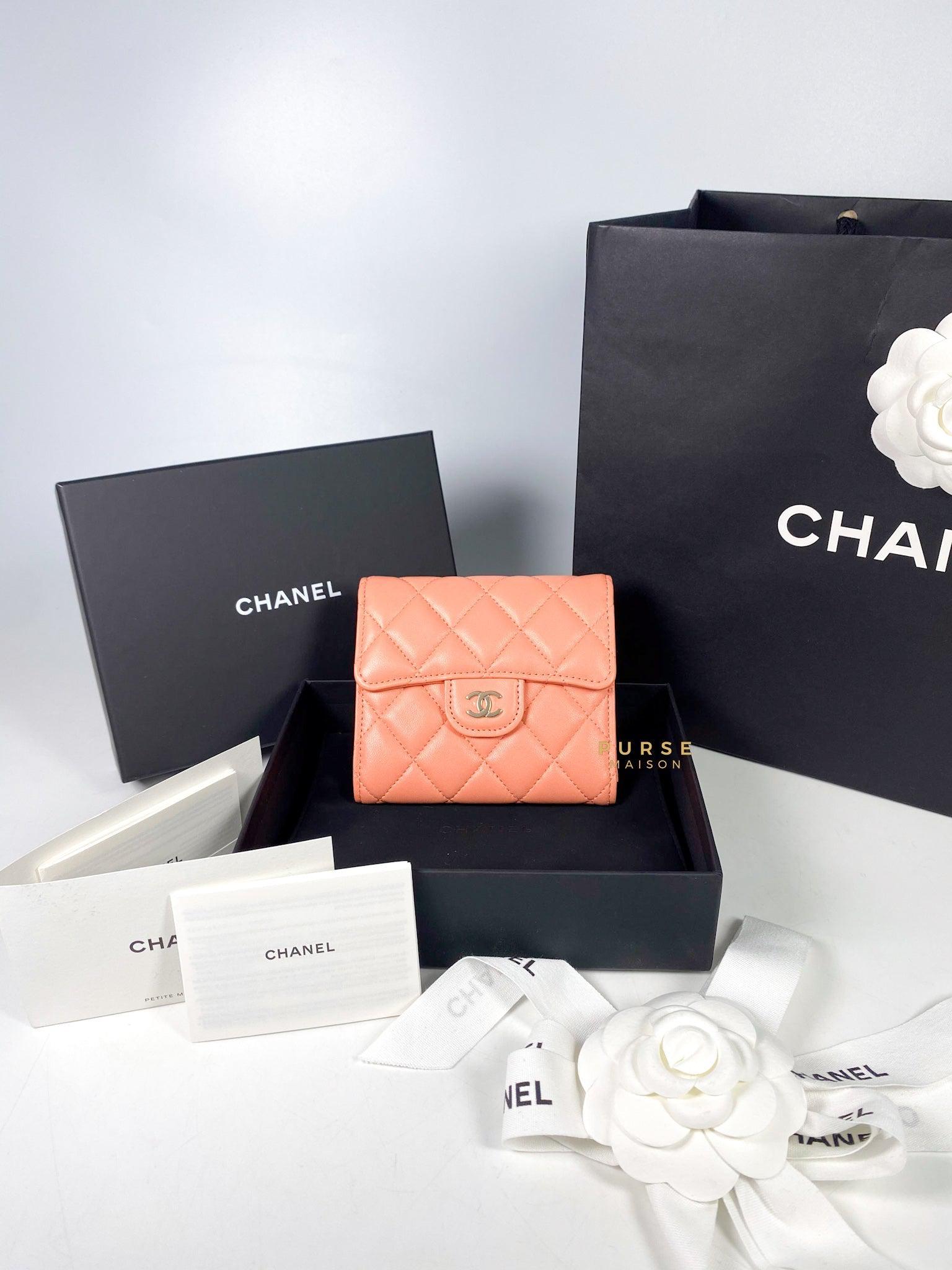 Chanel Classic Compact Wallet Coral Pink Lambskin l and Light Gold Hardware (Microchip)