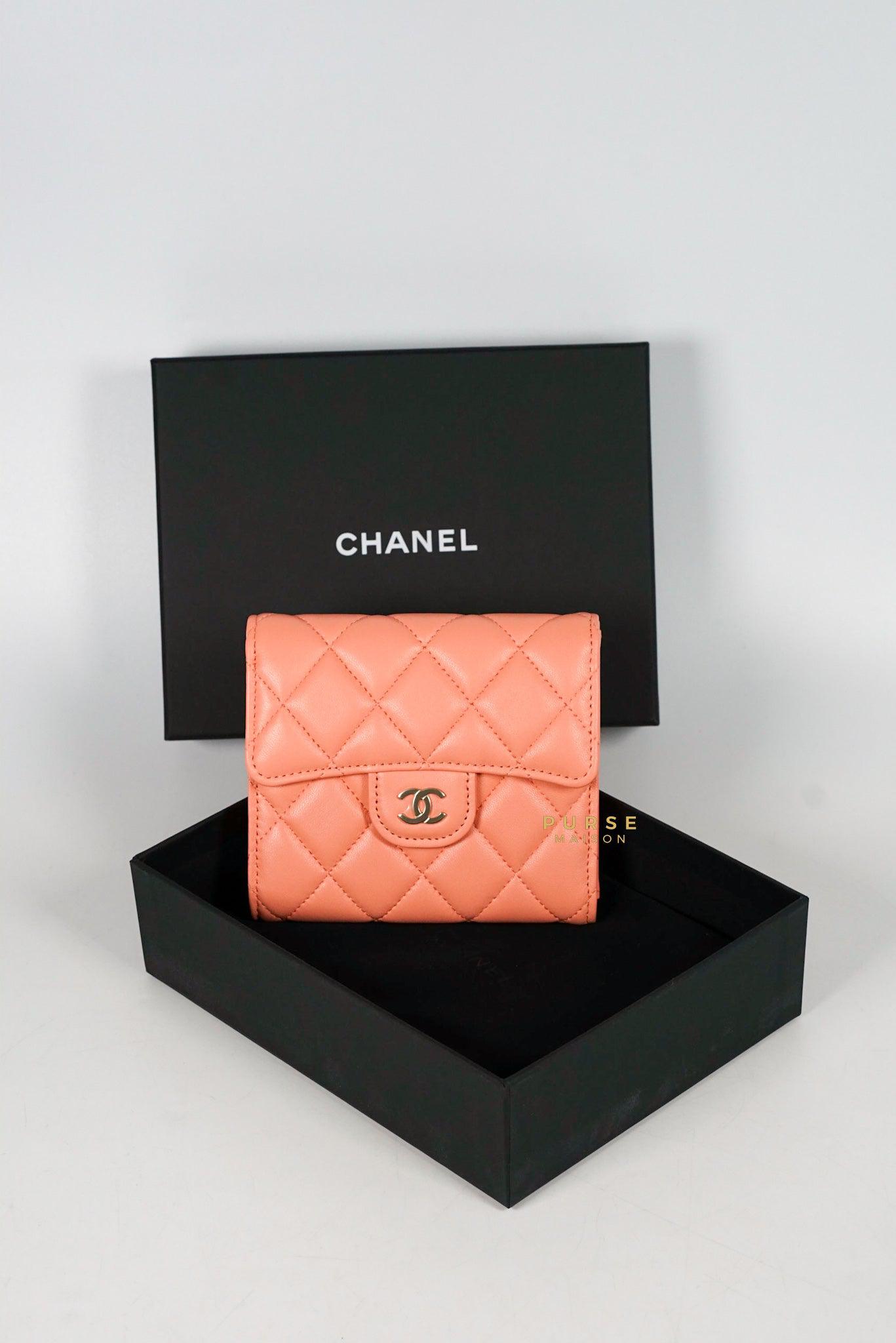 Chanel Classic Compact Wallet Coral Pink Lambskin l and Light Gold Hardware (Microchip)