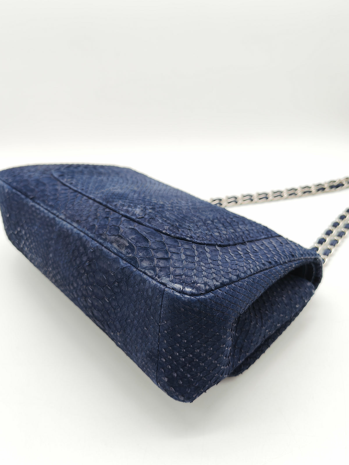 Chanel Classic Double Flap Bag in Navy Python Suede Silver Hardware (Series 14) | Purse Maison Luxury Bags Shop