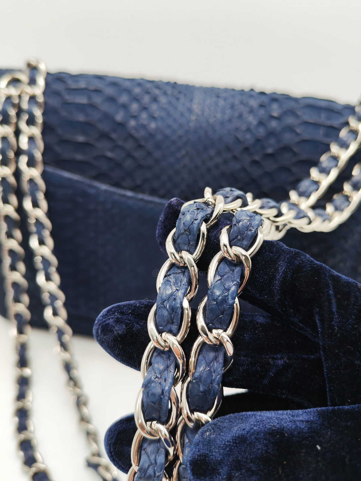 Chanel Classic Double Flap Bag in Navy Python Suede Silver Hardware (Series 14) | Purse Maison Luxury Bags Shop