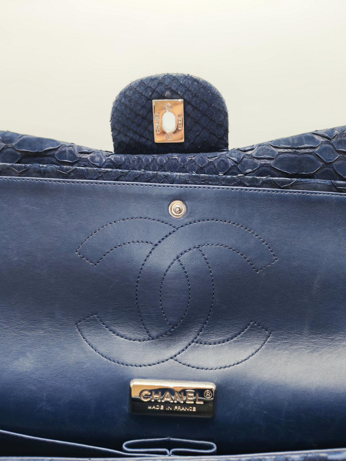 Chanel Classic Double Flap Bag in Navy Python Suede Silver Hardware (Series 14) | Purse Maison Luxury Bags Shop