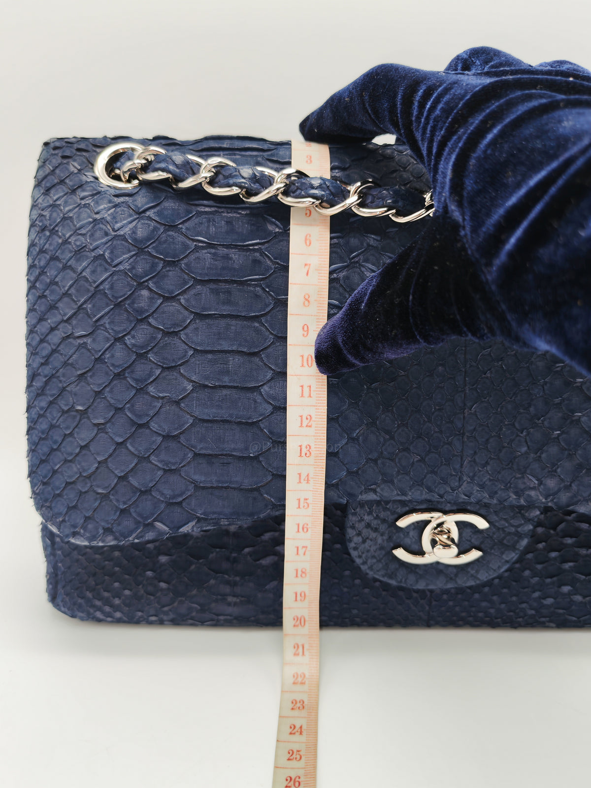 Chanel Classic Double Flap Bag in Navy Python Suede Silver Hardware (Series 14) | Purse Maison Luxury Bags Shop