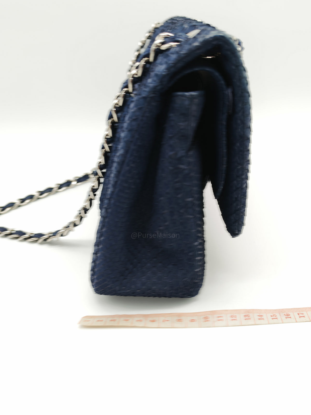 Chanel Classic Double Flap Bag in Navy Python Suede Silver Hardware (Series 14) | Purse Maison Luxury Bags Shop