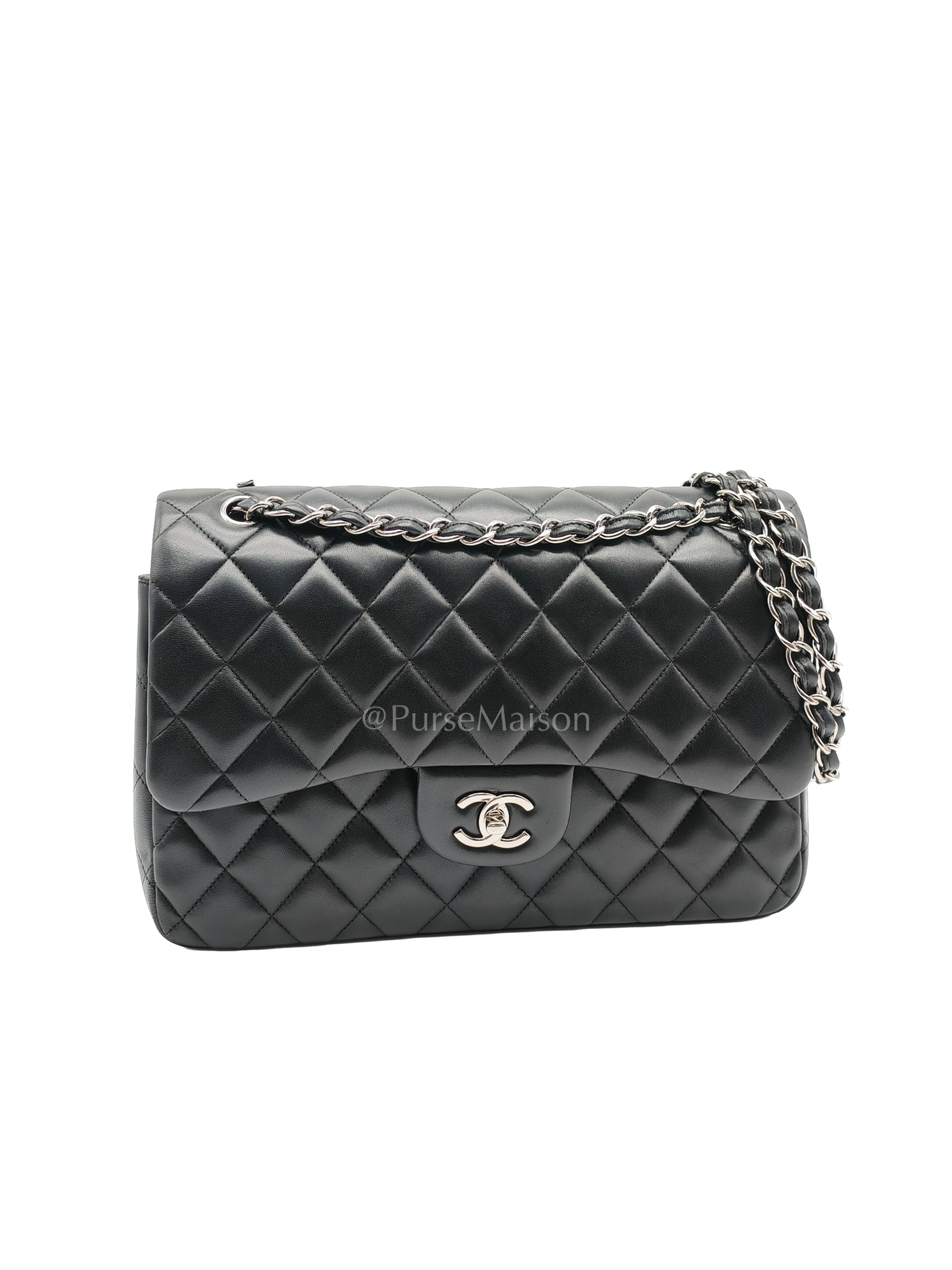 Chanel Classic Double Flap Jumbo Black Lambskin Leather in Silver Hard