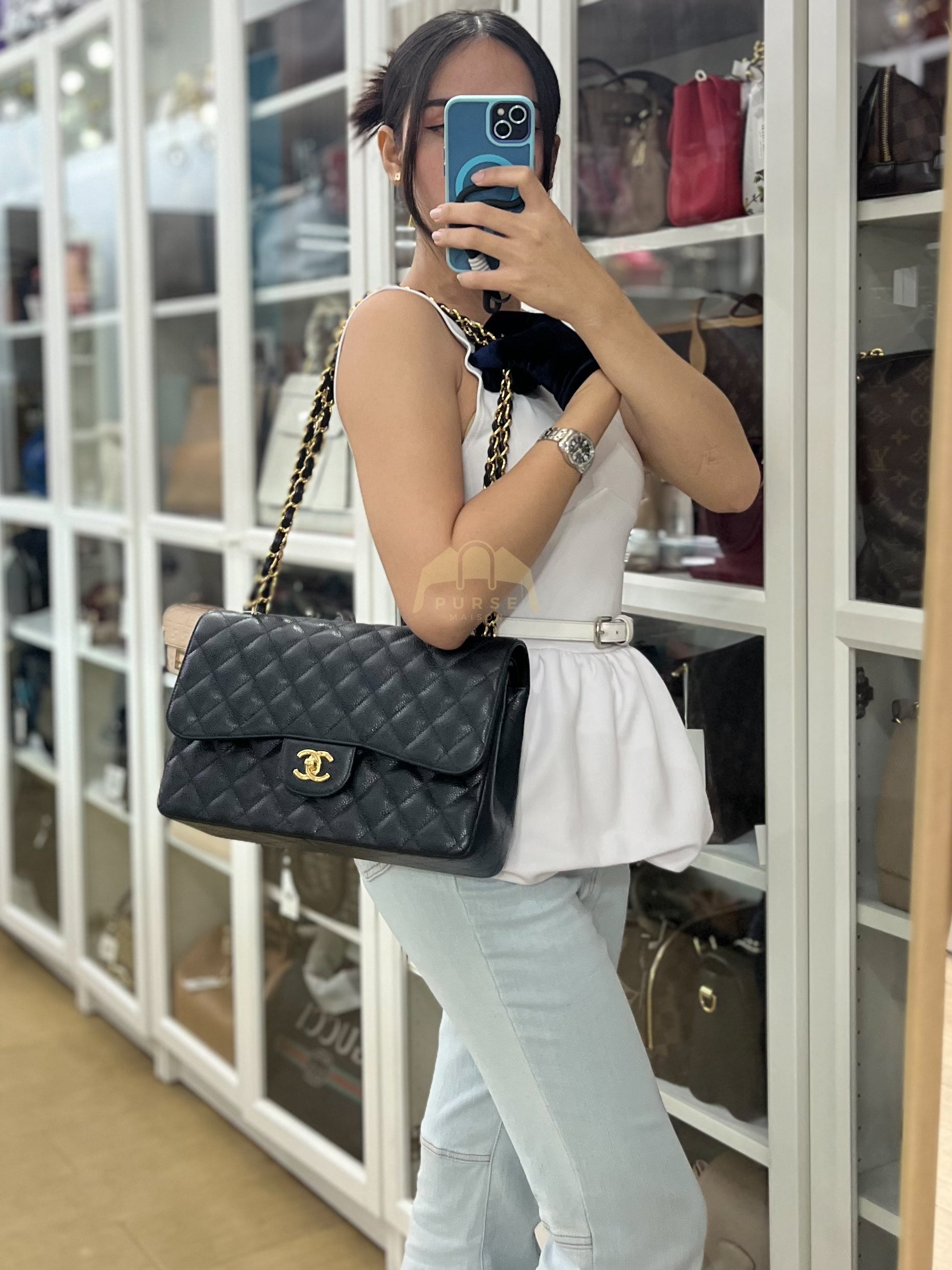 Chanel Classic Double Flap Jumbo in Black Caviar Leather and Gold Hardware Series 14 | Purse Maison Luxury Bags Shop