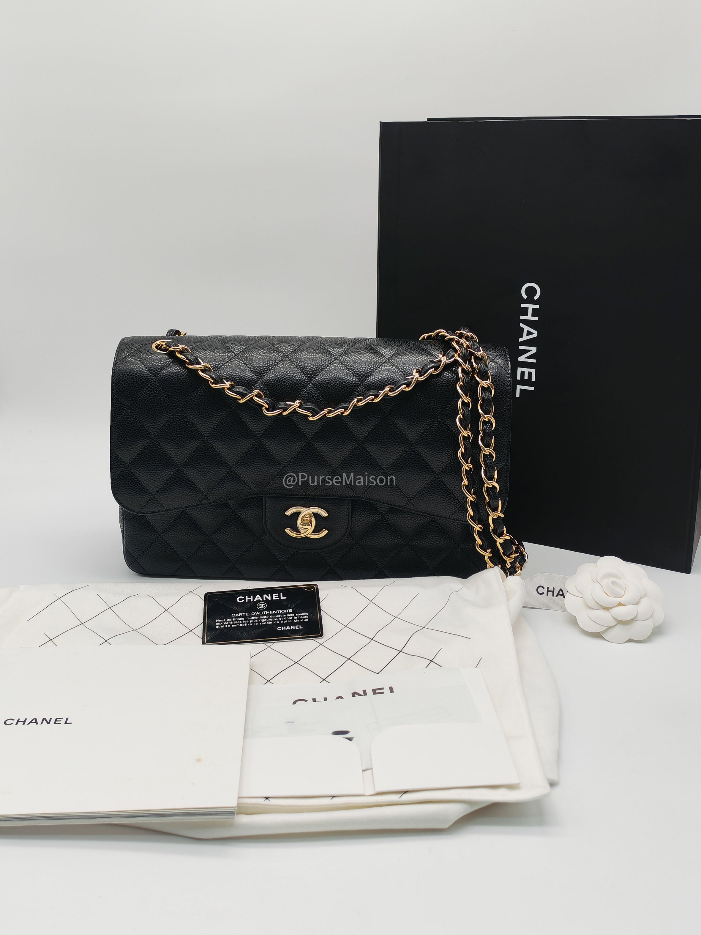 Chanel Classic Double Flap Jumbo in Black Caviar Leather Gold Hardware (Series 26) | Purse Maison Luxury Bags Shop