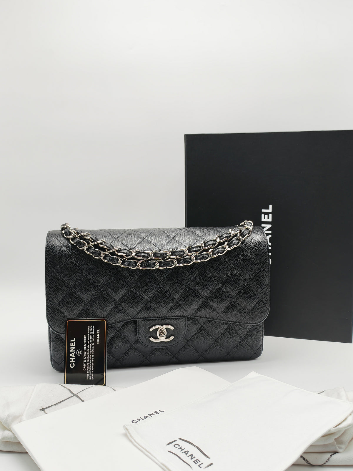 Chanel Classic Double Flap Jumbo in Black Quilted Caviar Leather and Silver Hardware Series 24 | Purse Maison Luxury Bags Shop