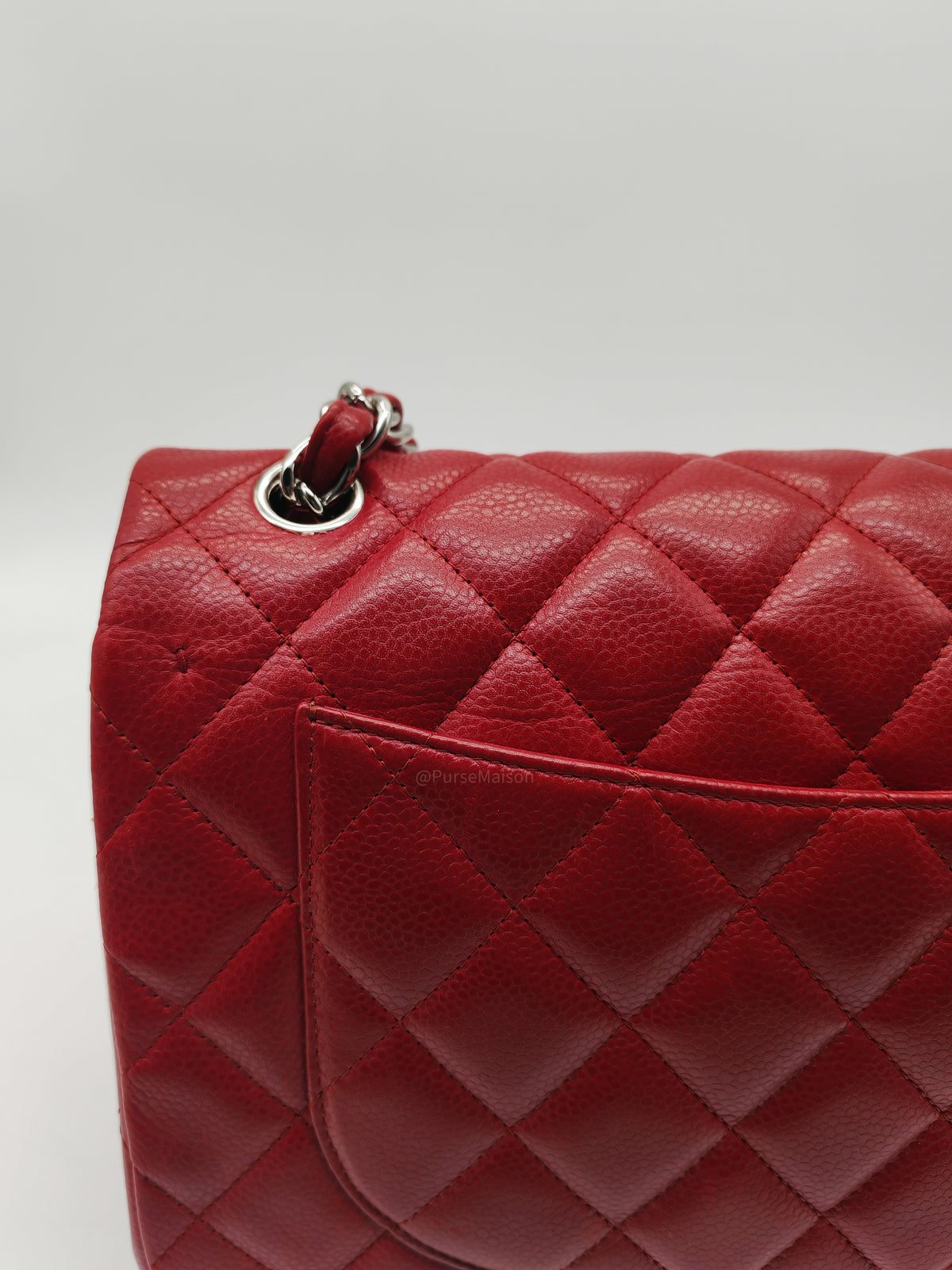 Chanel Classic Double Flap Jumbo in Red Quilted Caviar Leather and Silver Hardware Series 16 | Purse Maison Luxury Bags Shop