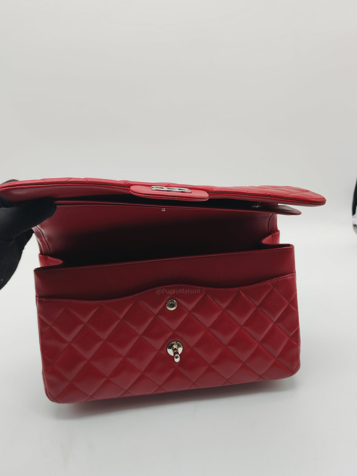 Chanel Classic Double Flap Jumbo in Red Quilted Caviar Leather and Silver Hardware Series 16 | Purse Maison Luxury Bags Shop