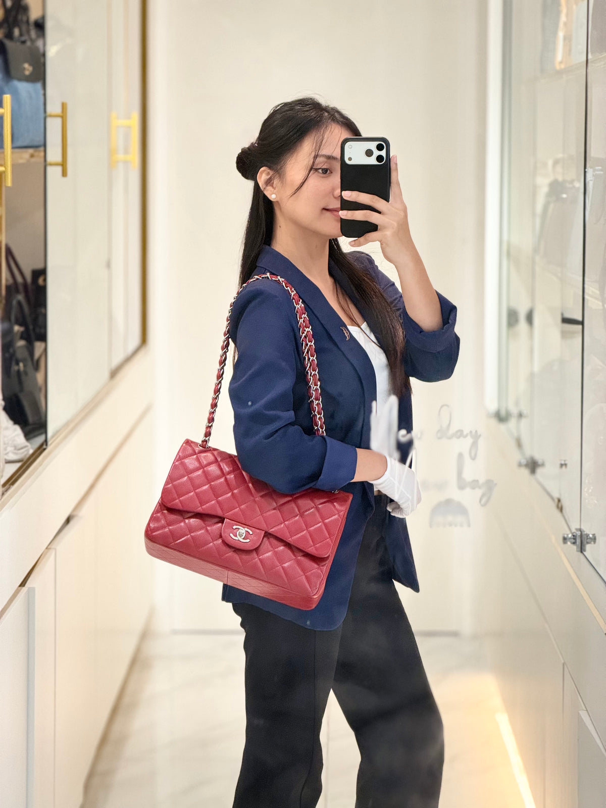 Chanel Classic Double Flap Jumbo in Red Quilted Caviar Leather and Silver Hardware Series 16 | Purse Maison Luxury Bags Shop