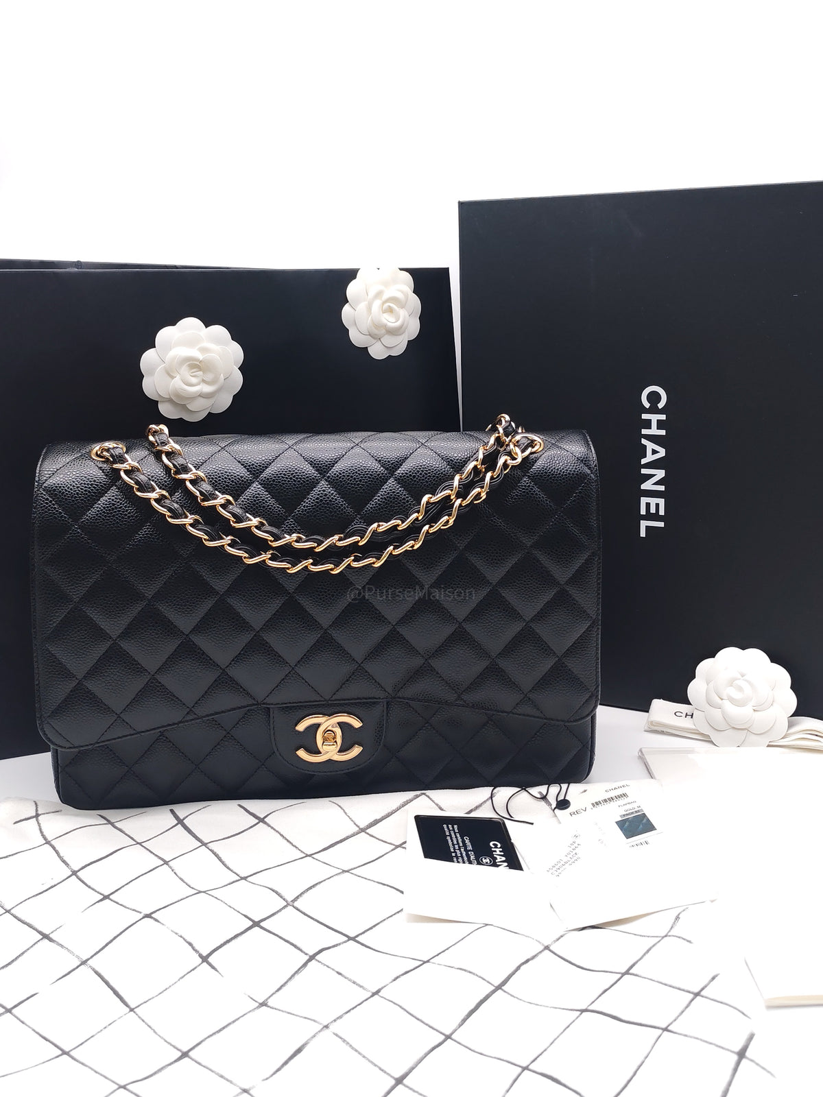 Chanel Classic Double Flap Maxi in Black Caviar Leather Gold Hardware (Series 24) | Purse Maison Luxury Bags Shop
