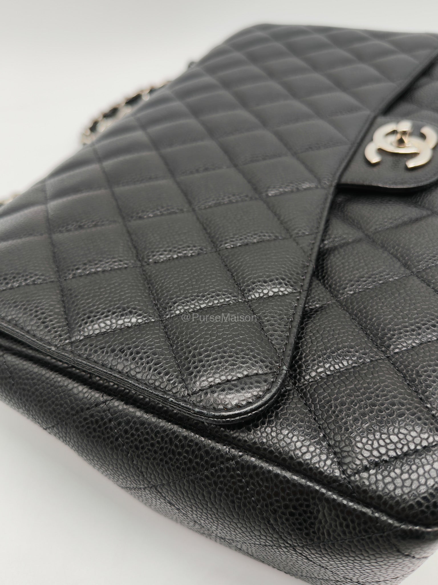 Chanel Classic Double Flap Maxi in Black Caviar Leather Silver Hardware (Series 18) | Purse Maison Luxury Bags Shop