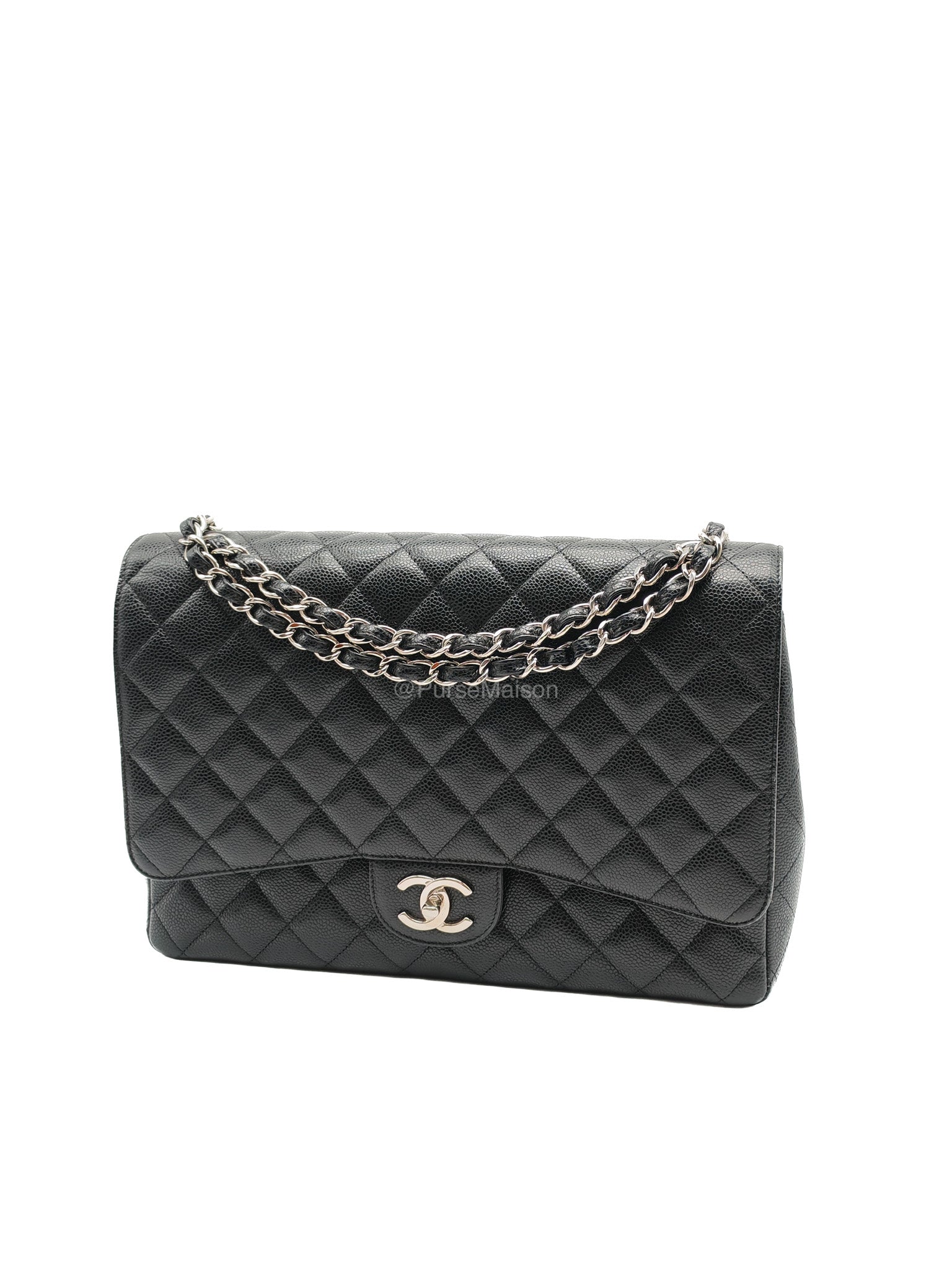 Chanel Classic Double Flap Maxi in Black Caviar Leather Silver Hardware (Series 18) | Purse Maison Luxury Bags Shop