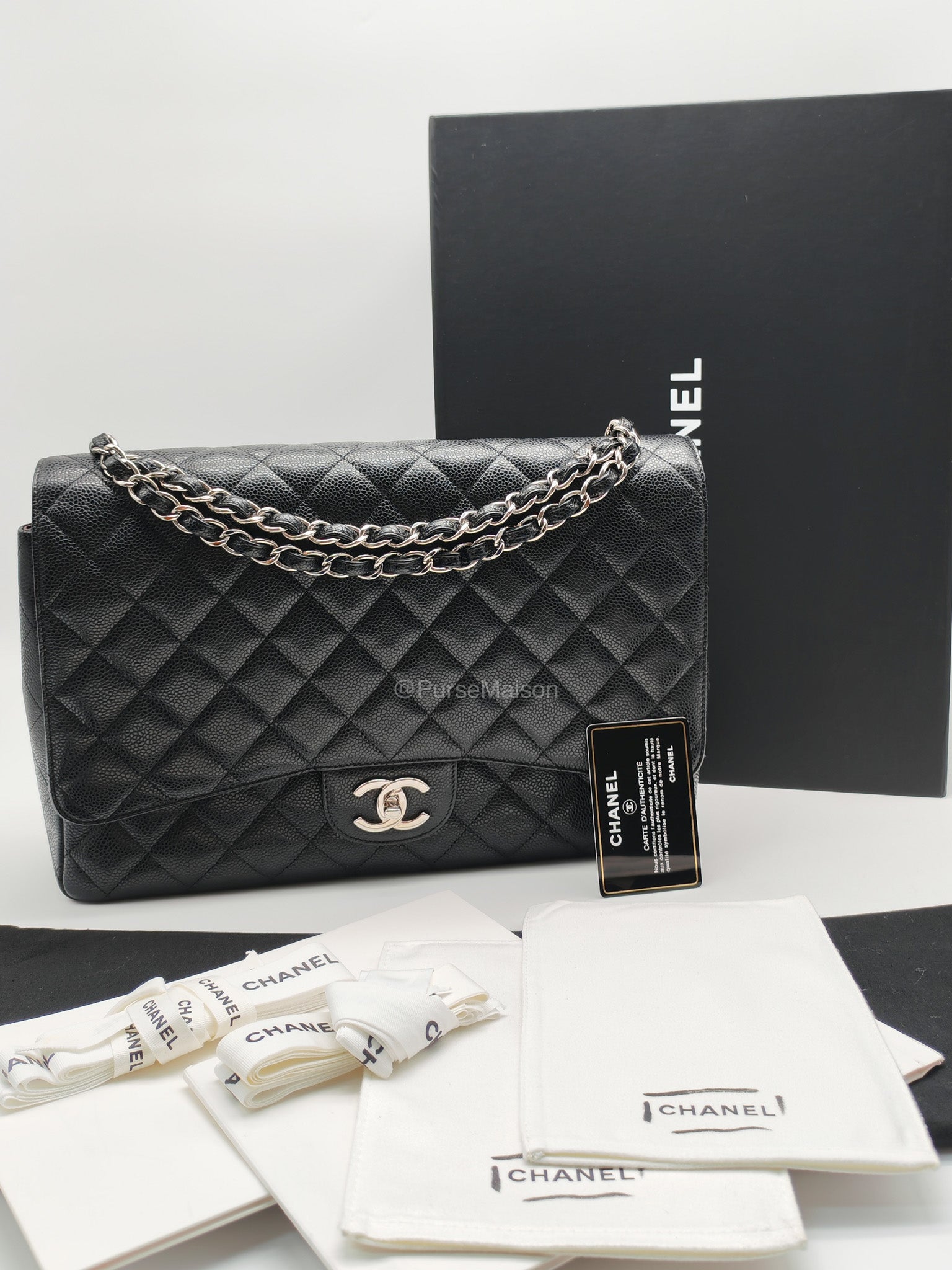 Chanel Classic Double Flap Maxi in Black Caviar Leather Silver Hardware (Series 18) | Purse Maison Luxury Bags Shop