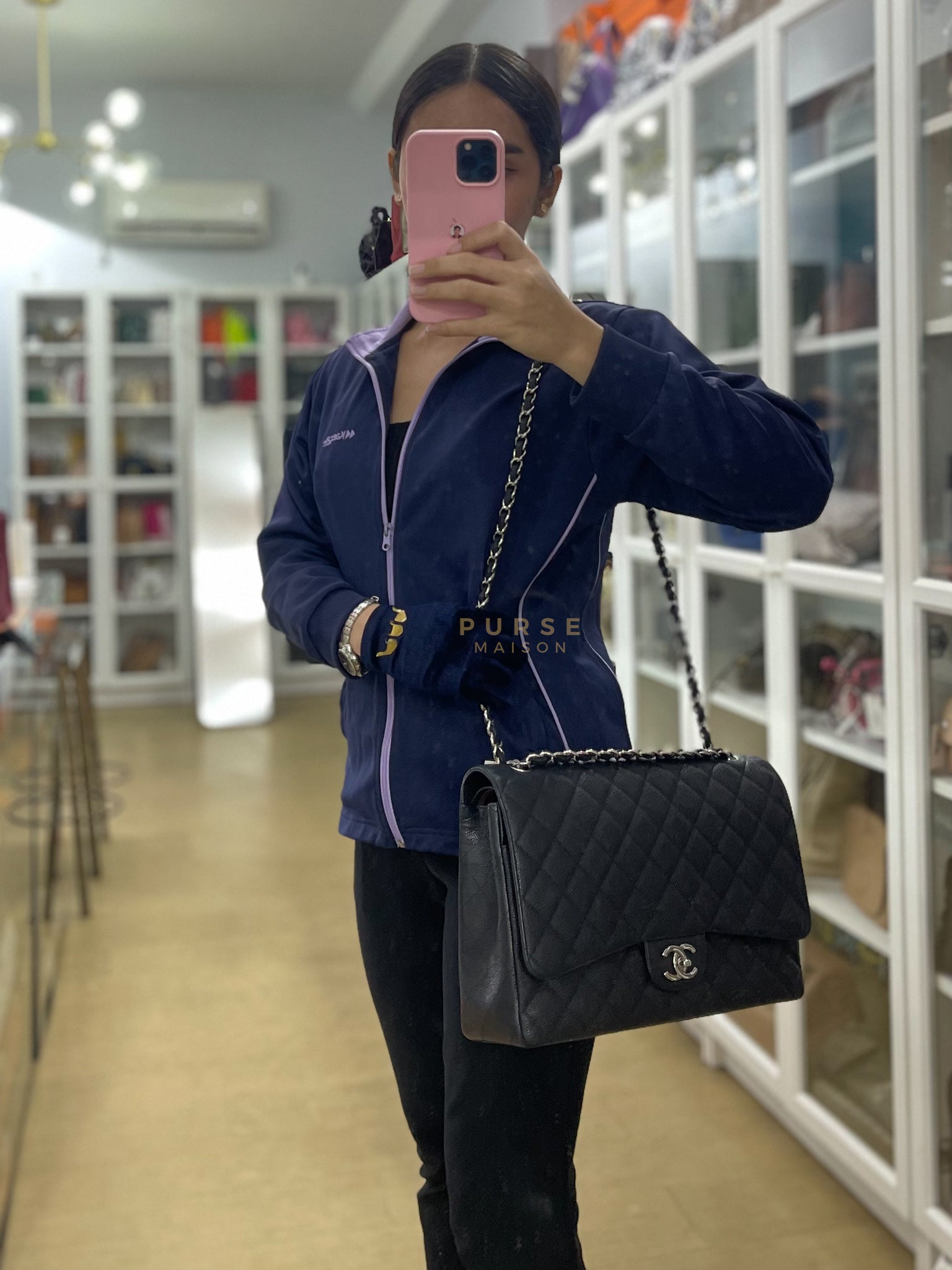 Chanel Classic Double Flap Maxi in Black Caviar Leather Silver Hardware (Series 18) | Purse Maison Luxury Bags Shop