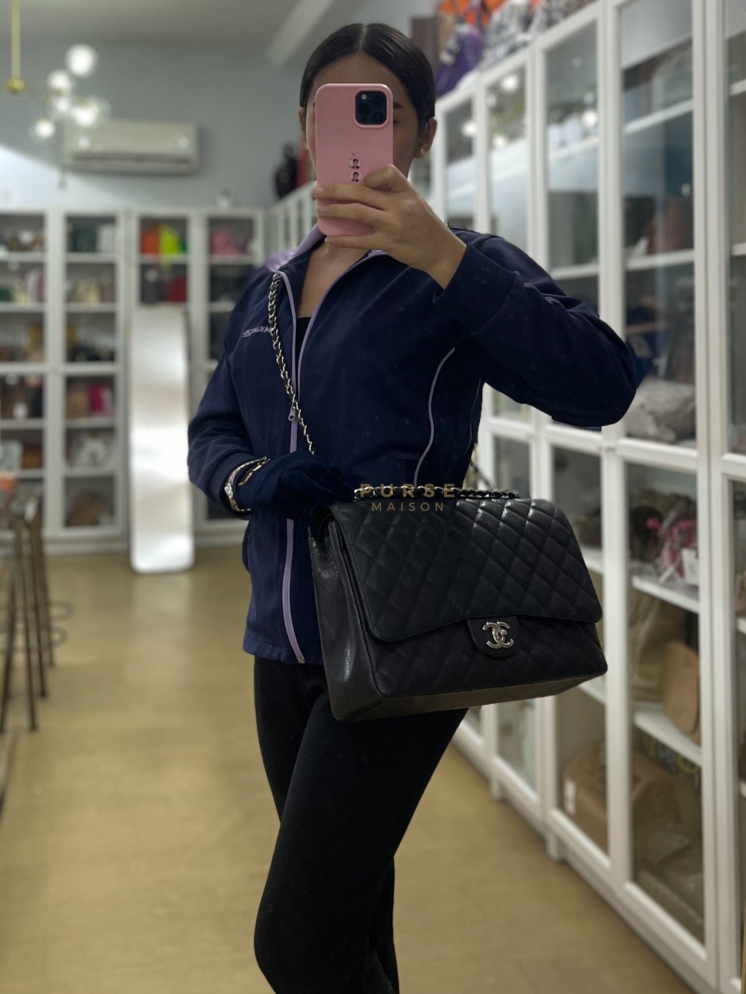 Chanel Classic Double Flap Maxi in Black Caviar Leather Silver Hardware (Series 18) | Purse Maison Luxury Bags Shop
