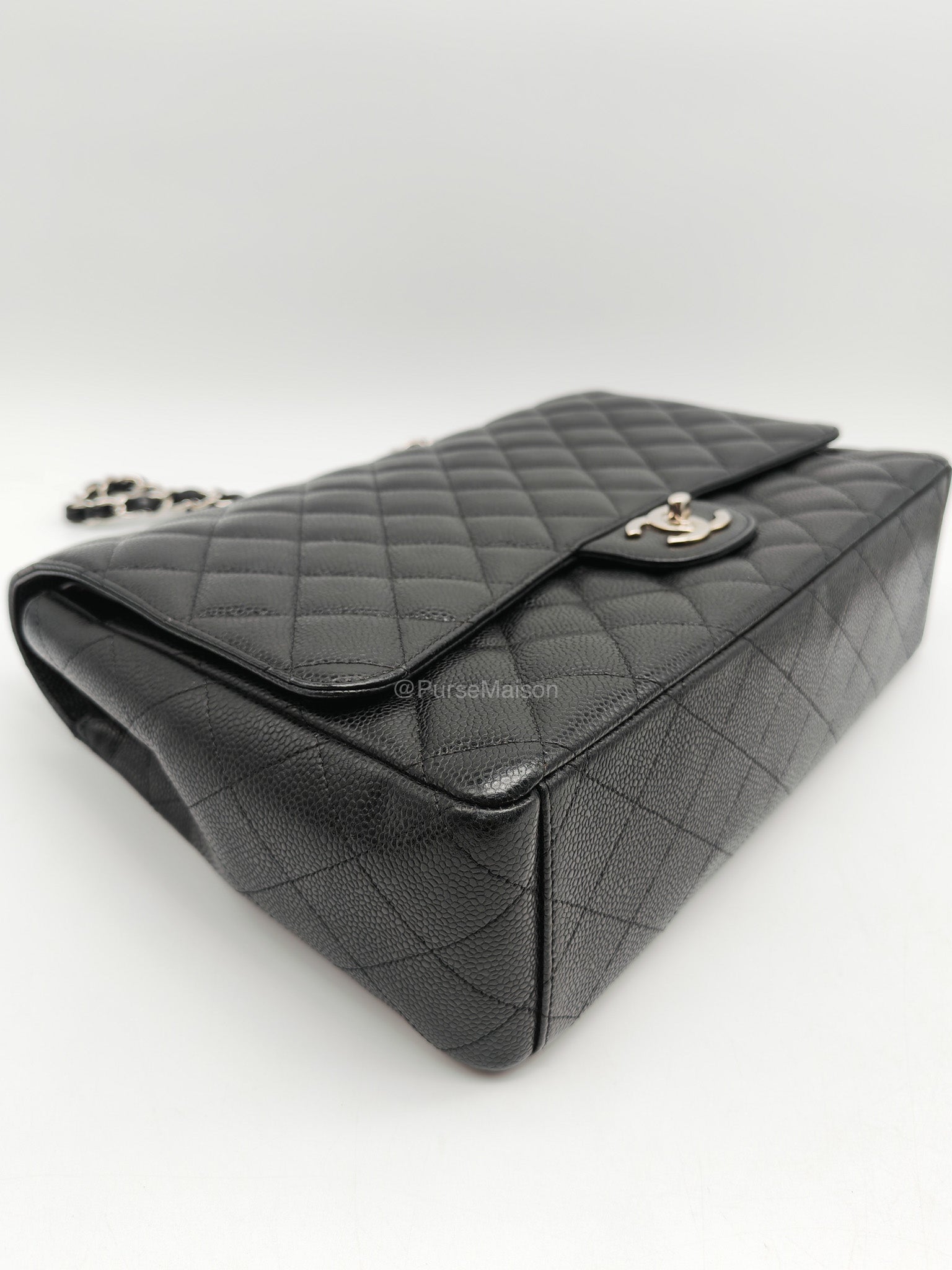 Chanel Classic Double Flap Maxi in Black Caviar Leather Silver Hardware (Series 18) | Purse Maison Luxury Bags Shop