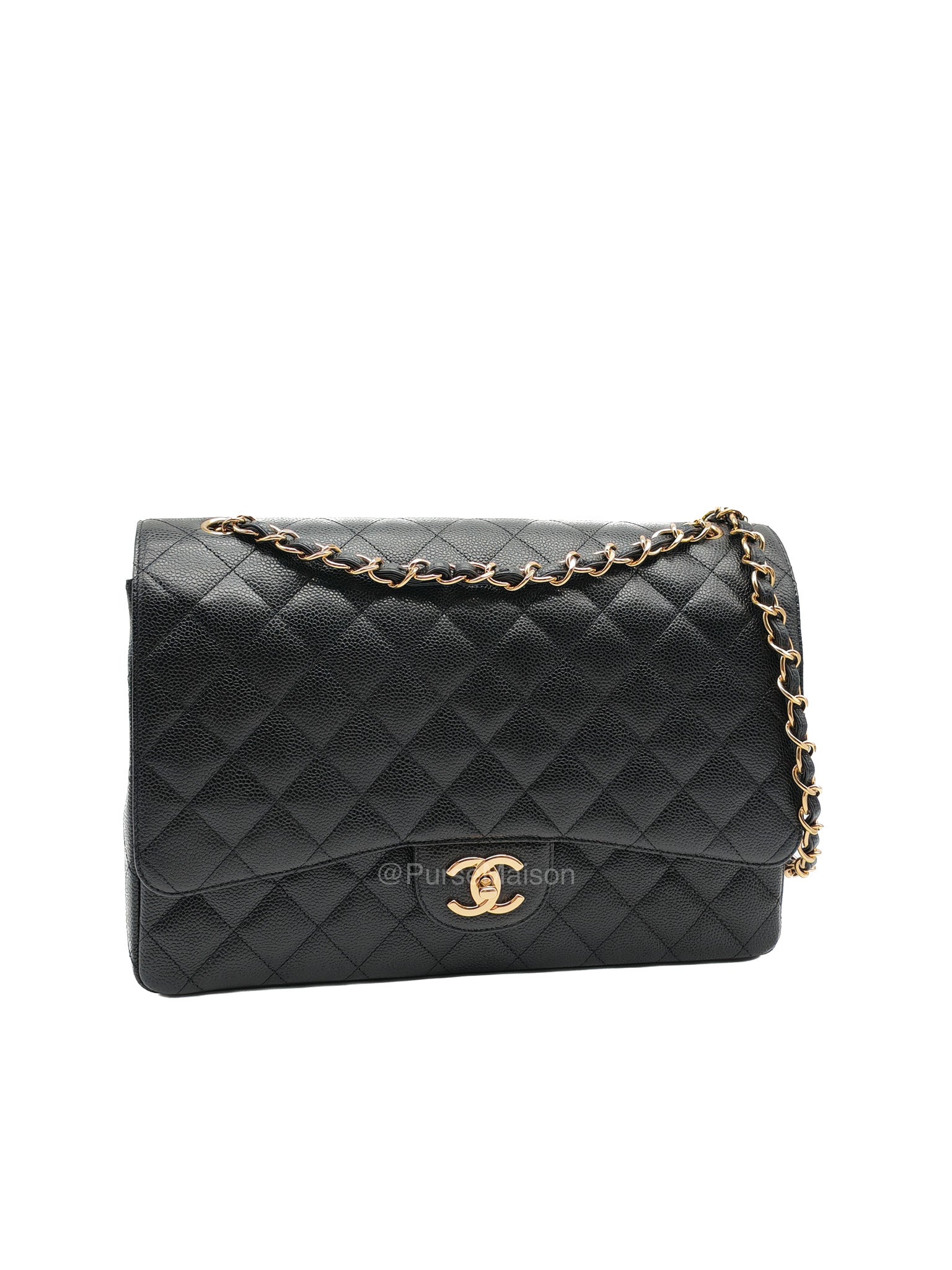 Chanel Classic Double Flap Maxi in Black Quilted Caviar Leather and Gold Hardware Series 15 | Purse Maison Luxury Bags Shop