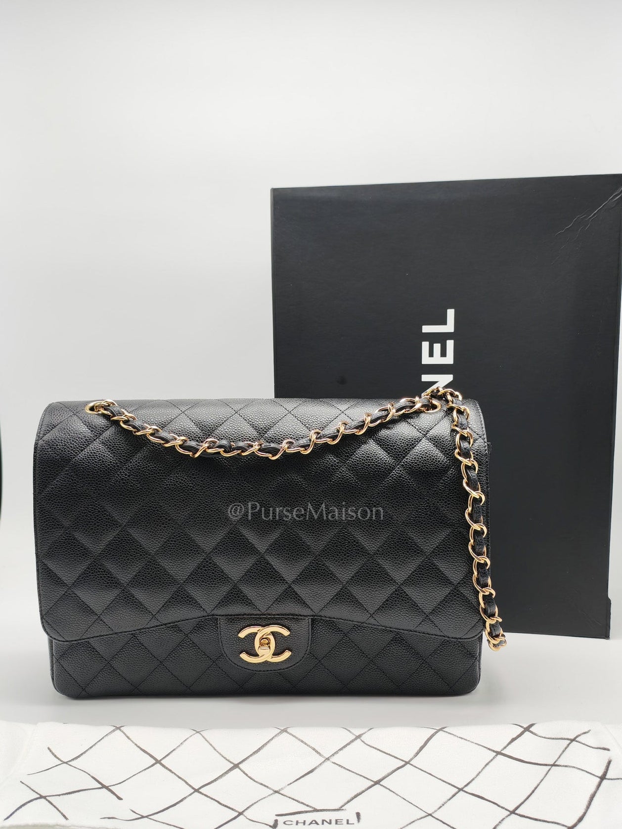 Chanel Classic Double Flap Maxi in Black Quilted Caviar Leather and Gold Hardware Series 15 | Purse Maison Luxury Bags Shop