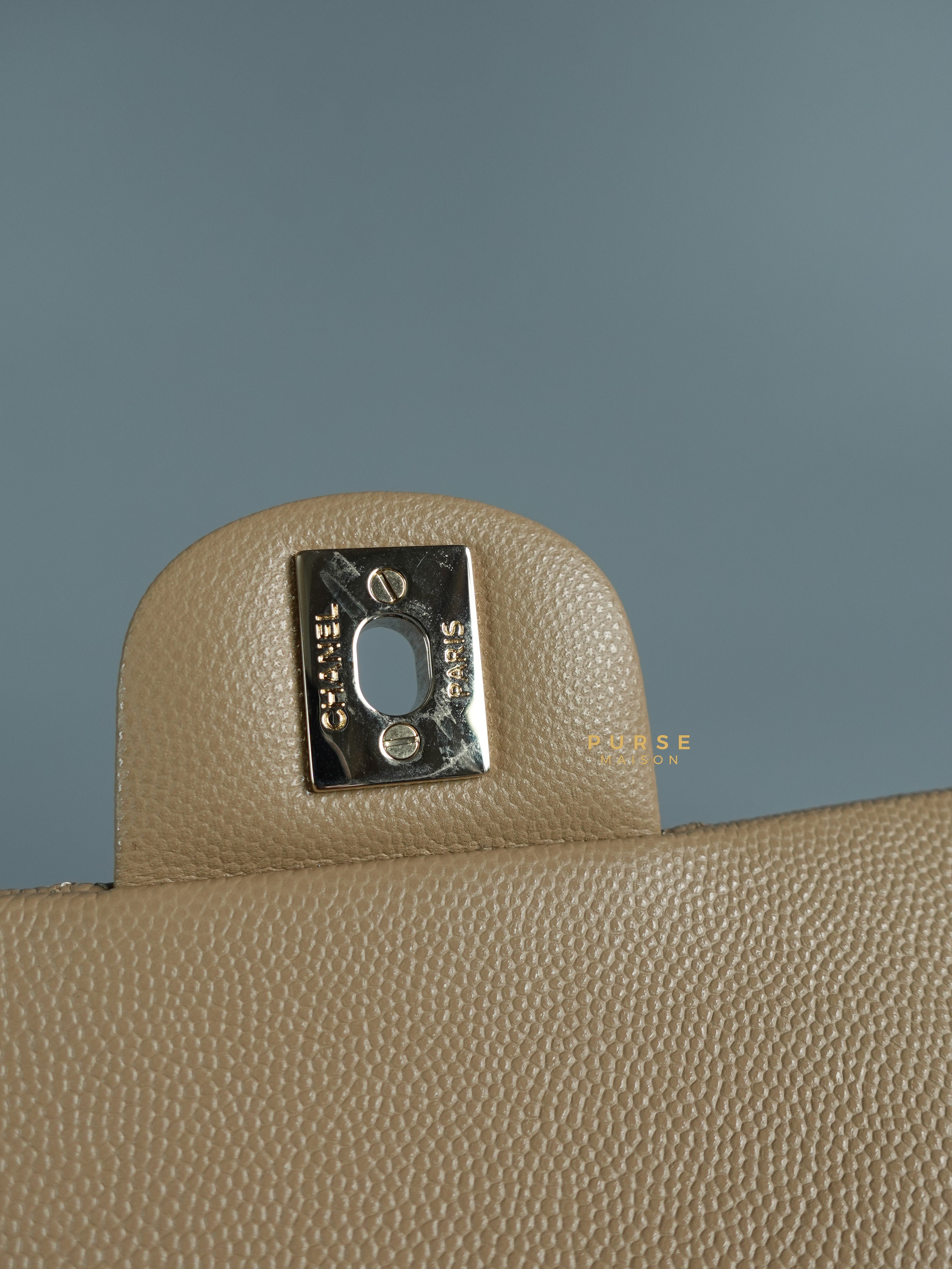 Chanel Classic Double Flap Medium Caviar 22A Dark Beige and Light Gold Hardware (Microchip) | Purse Maison Luxury Bags Shop